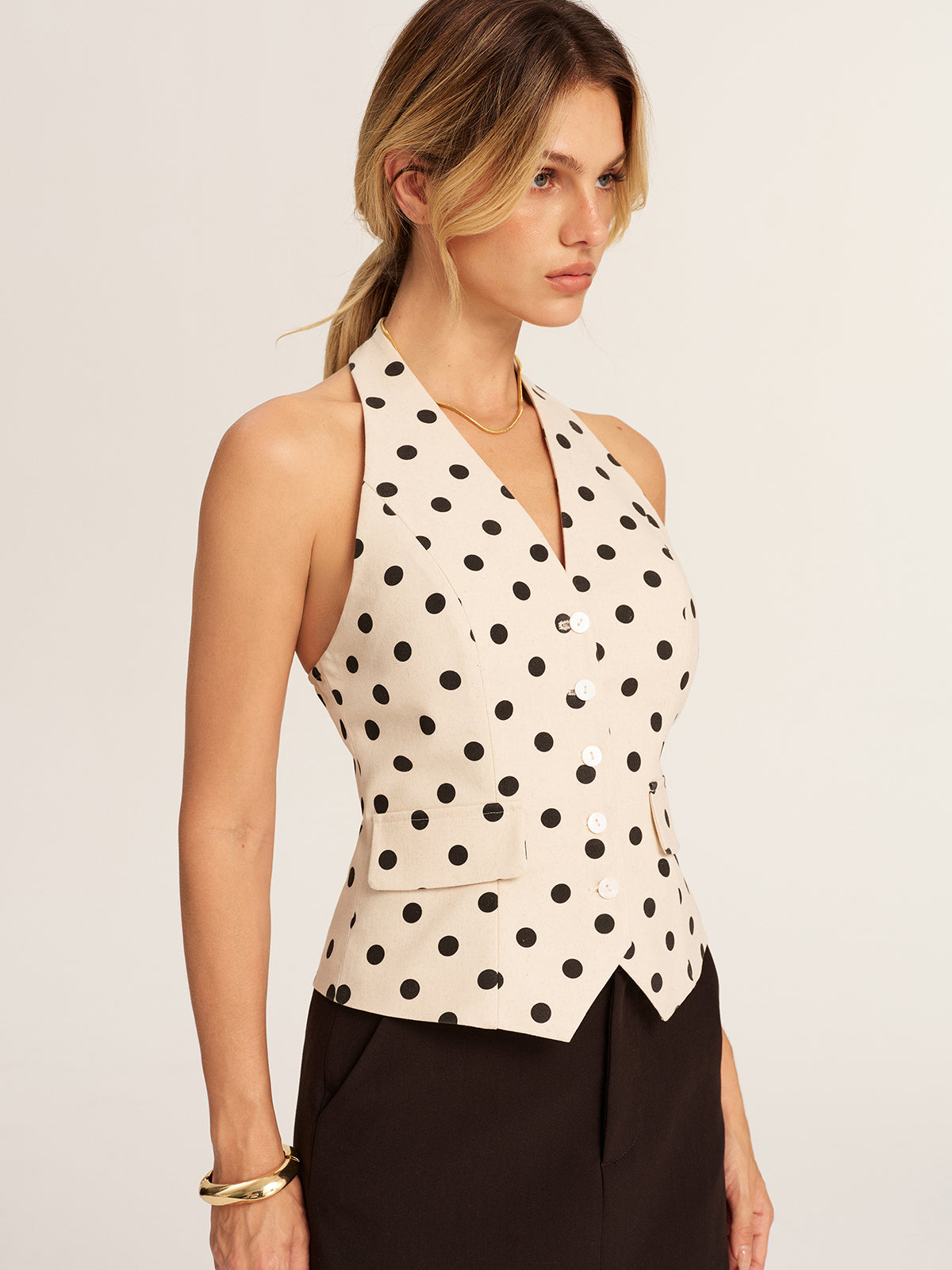 Polka Dot Linen Blend Halter Vest Womens Lightweight Summer Top
