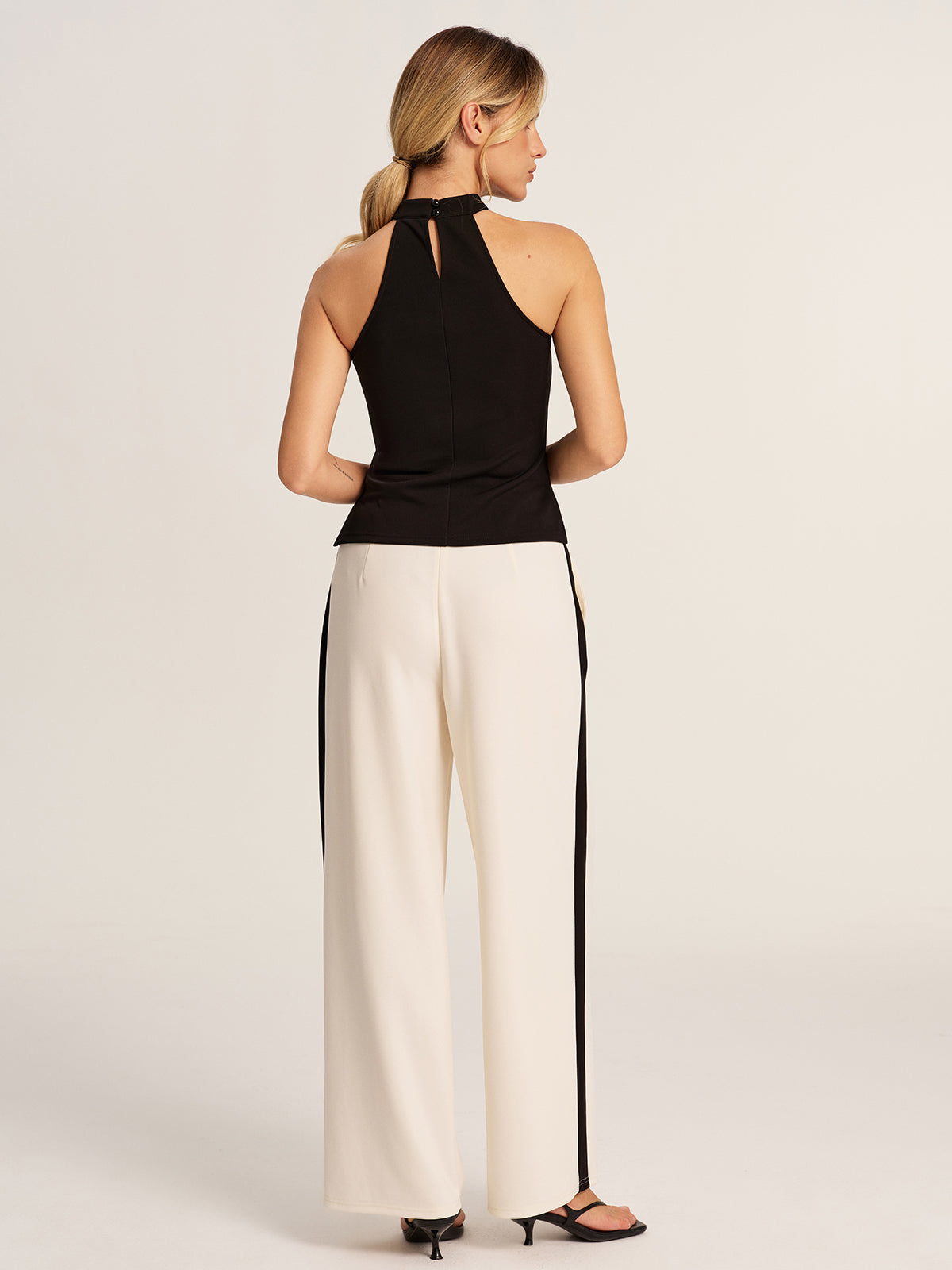 Halter Top & Side-Stripe Belted Pants Set with Matching Accessories