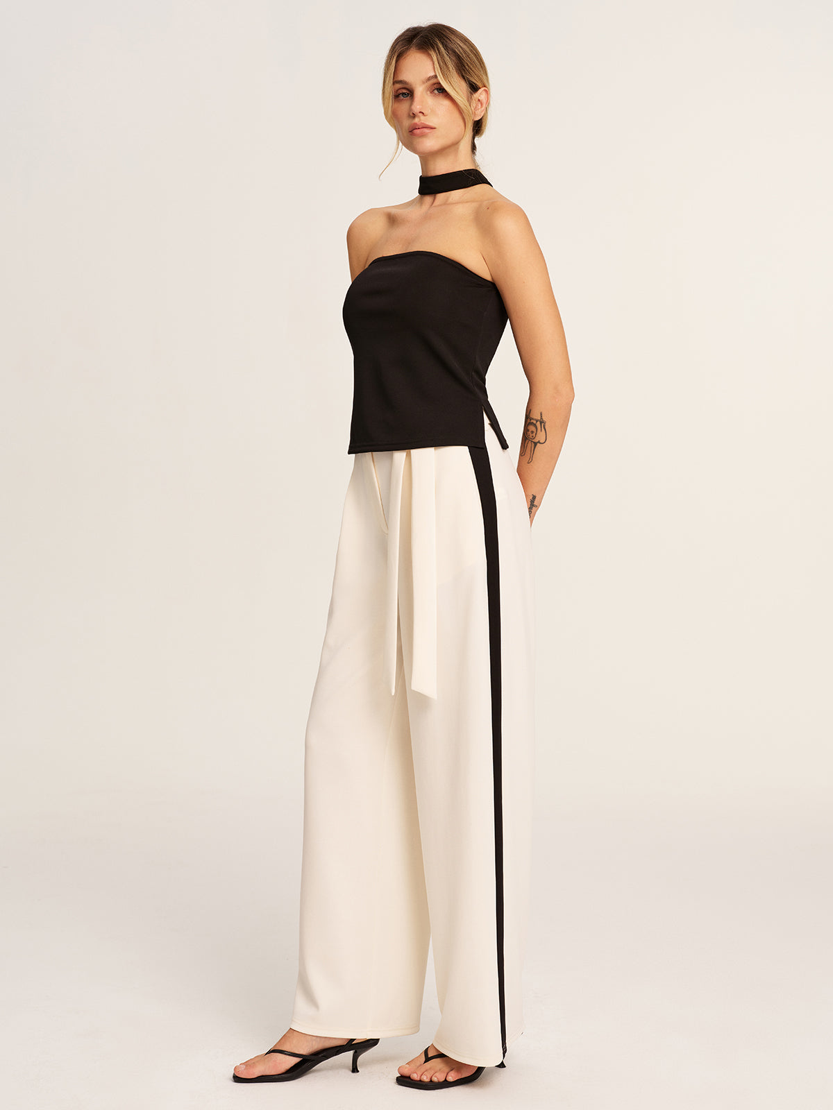 Halter Top & Side-Stripe Belted Pants Set with Matching Accessories