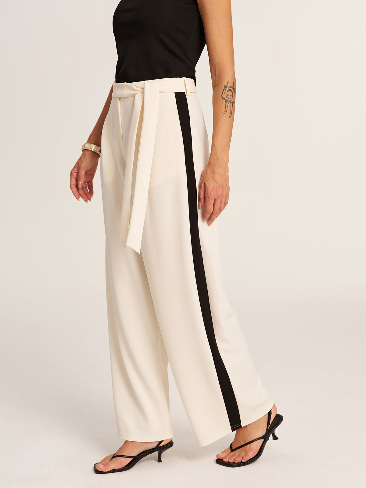 Halter Top & Side-Stripe Belted Pants Set with Matching Accessories