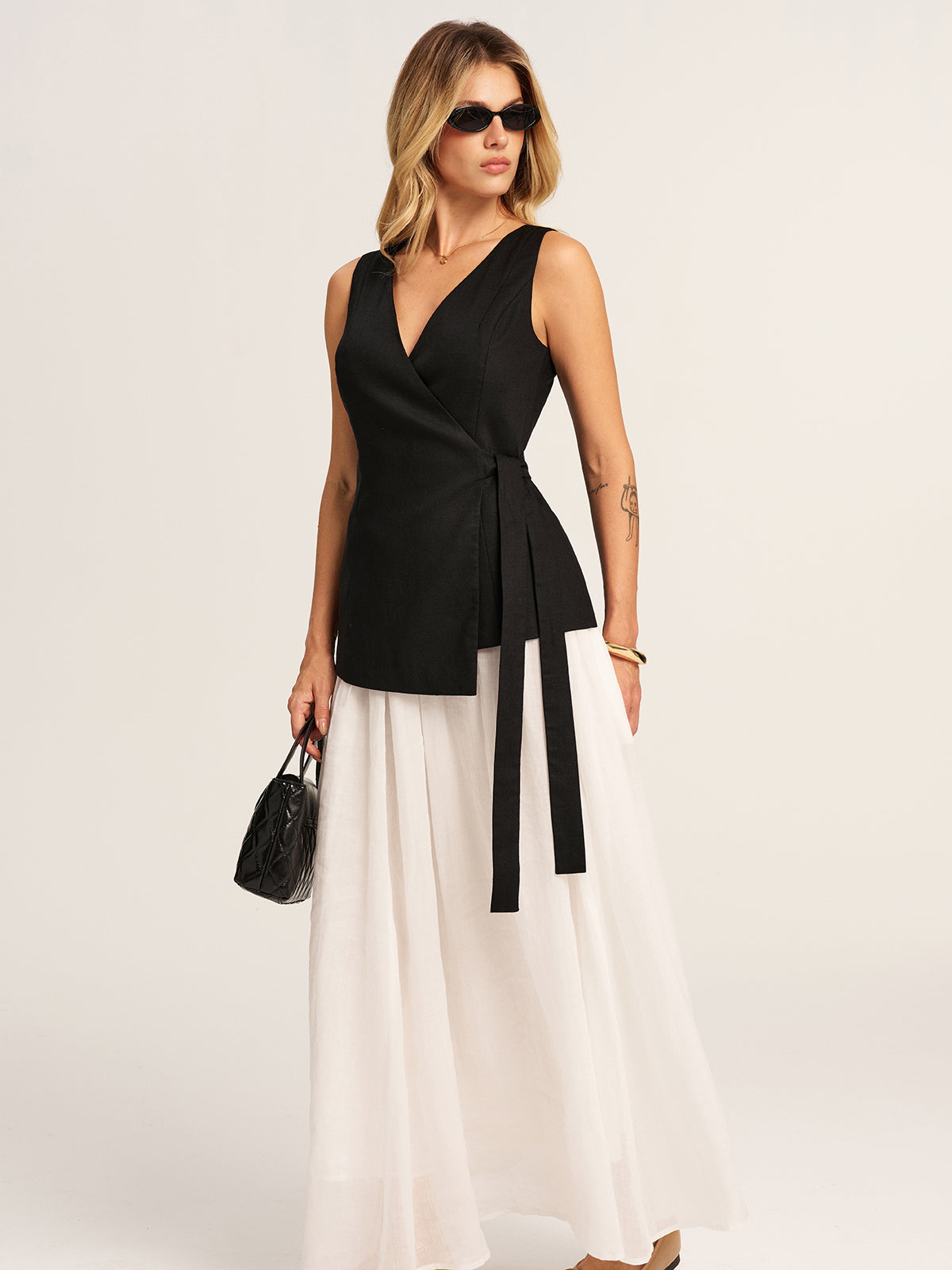Linen Blend V-Neck Wrap Tie Vest with Adjustable Waistband