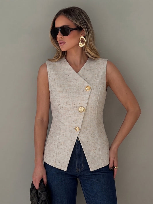 Textured Asymmetric Buttoned Vest with Unique High Collar Design