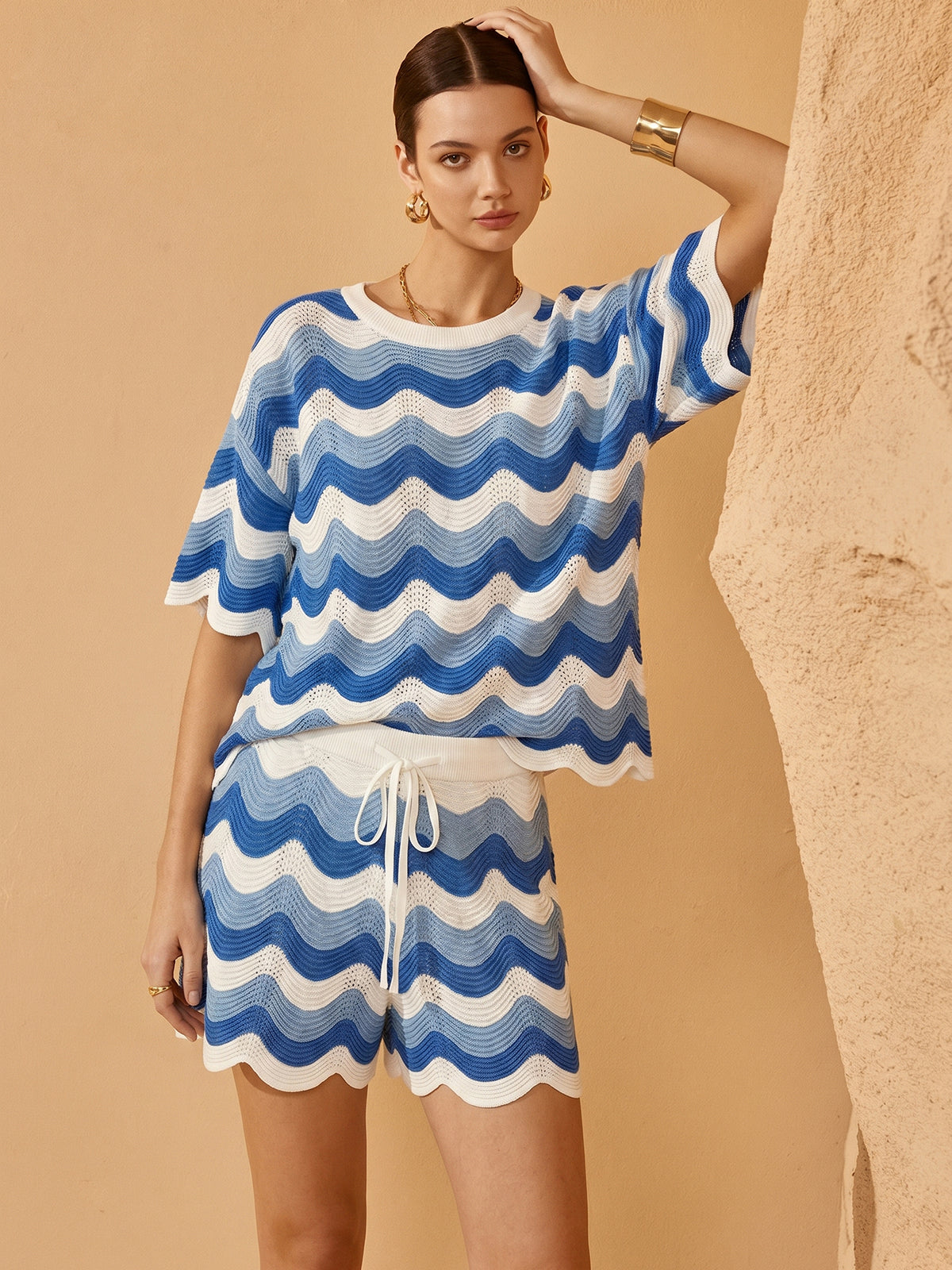 Wavy Knit Two Piece Shorts Set Comfortable Casual Summer Outfit