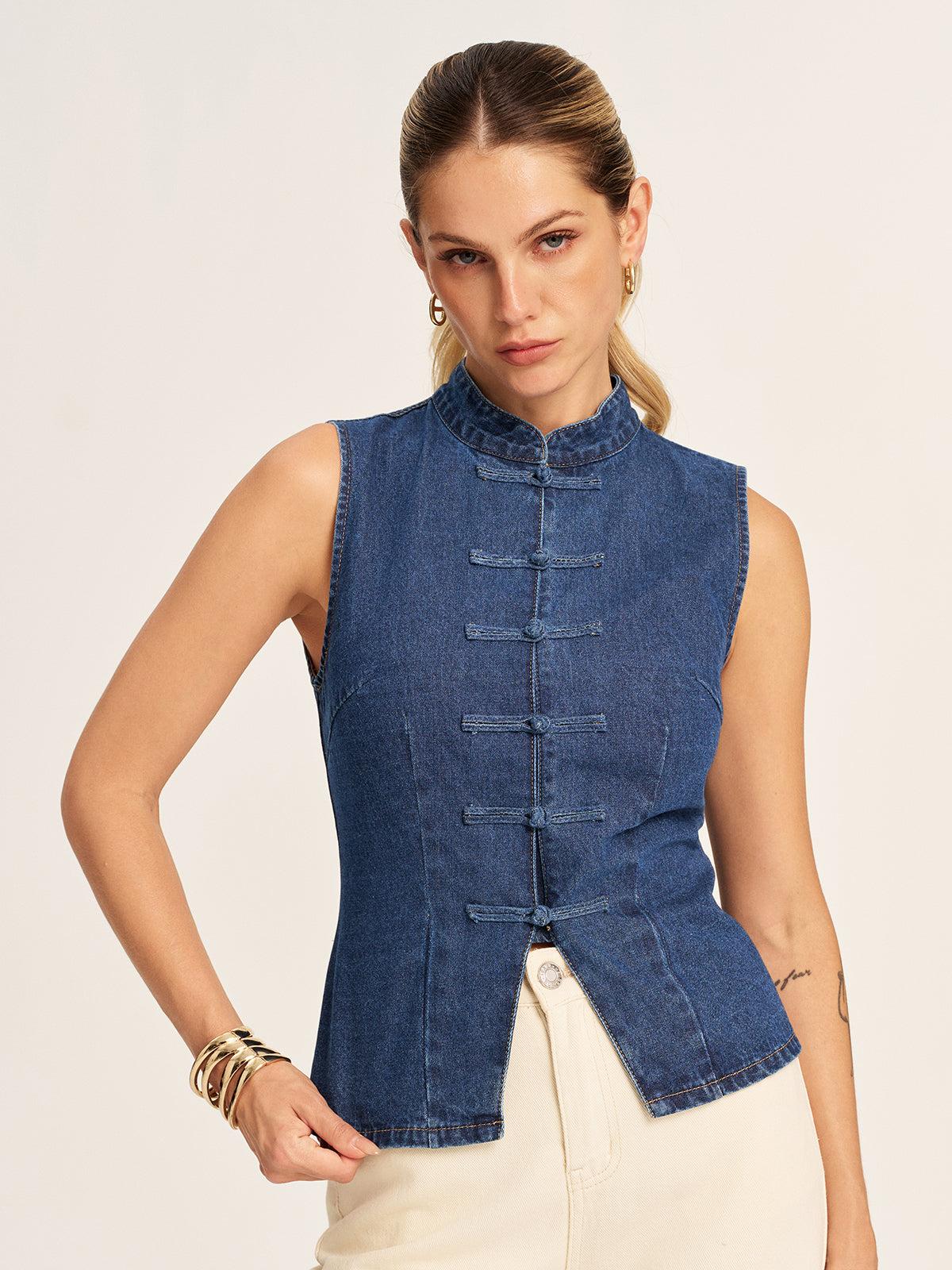 Mandarin Collar Frog Button Denim Vest Casual Sleeveless Jacket