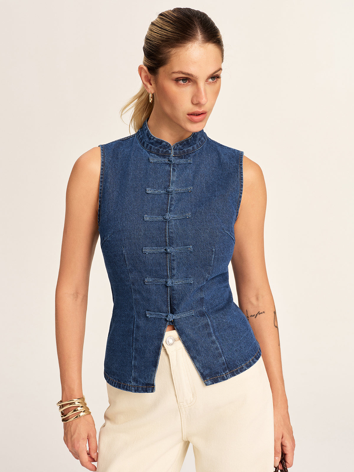 Mandarin Collar Frog Button Denim Vest Casual Sleeveless Jacket