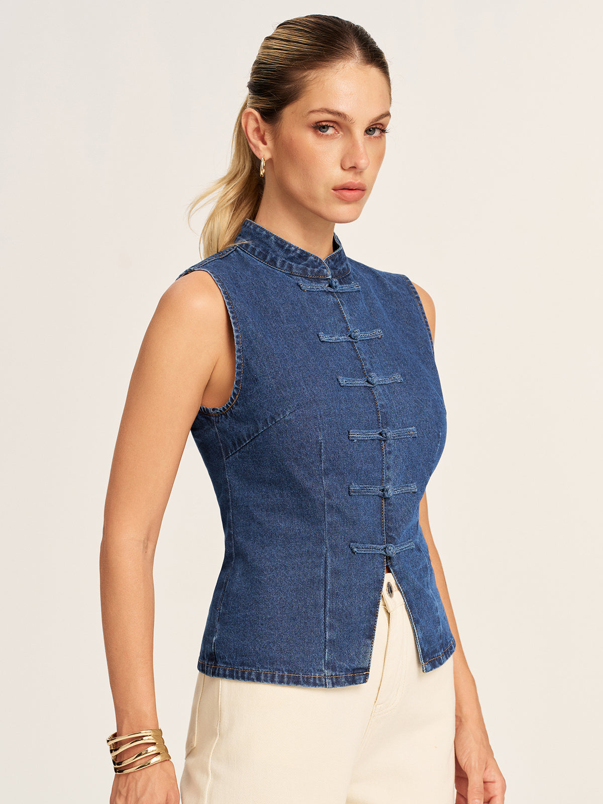 Mandarin Collar Frog Button Denim Vest Casual Sleeveless Jacket