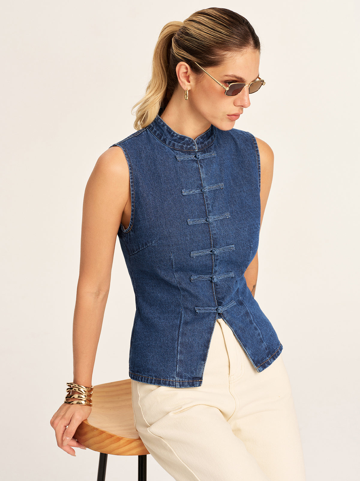 Mandarin Collar Frog Button Denim Vest Casual Sleeveless Jacket