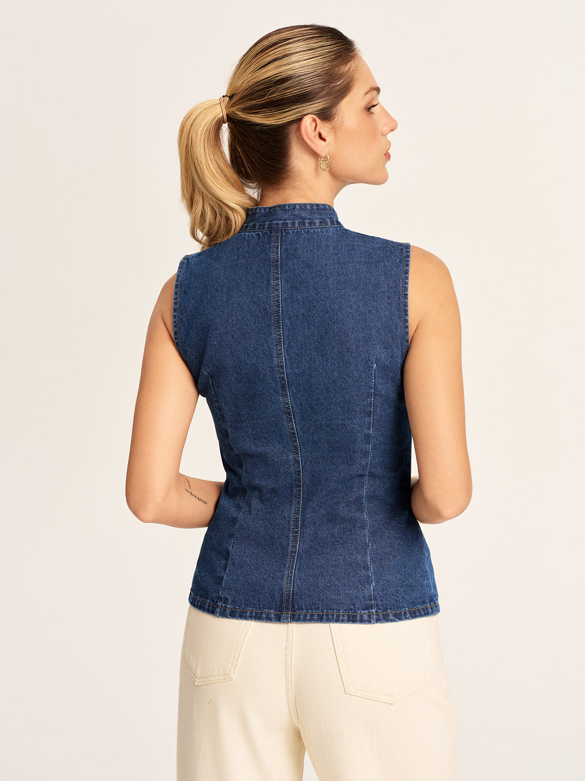 Mandarin Collar Frog Button Denim Vest Casual Sleeveless Jacket