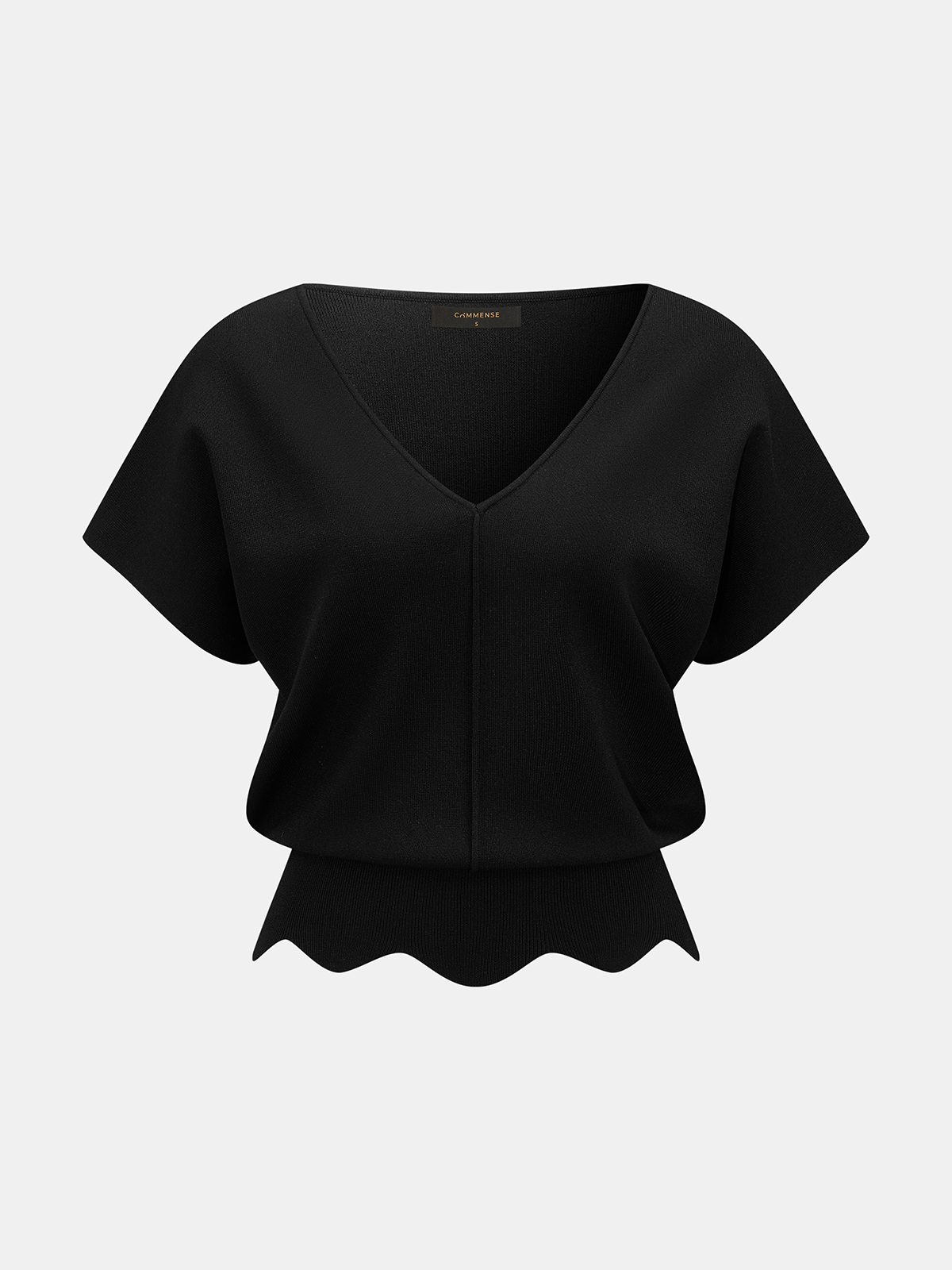 V-Neck Scalloped Hem Knit Top Women's Casual Pullover Sweater