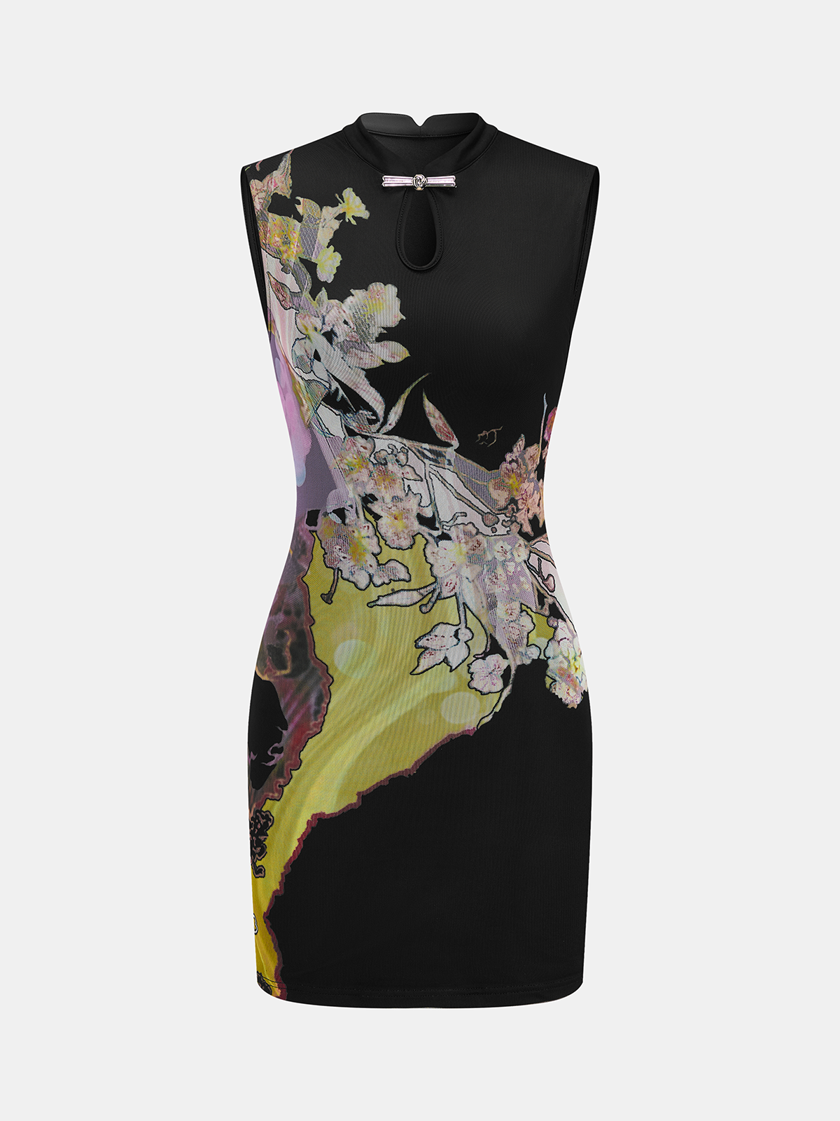 Keyhole Metal Buckle Floral Print Mesh Mini Dress with Ruffle Trim Detail