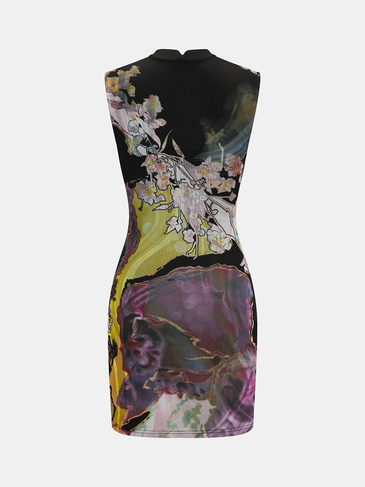 Keyhole Metal Buckle Floral Print Mesh Mini Dress with Ruffle Trim Detail