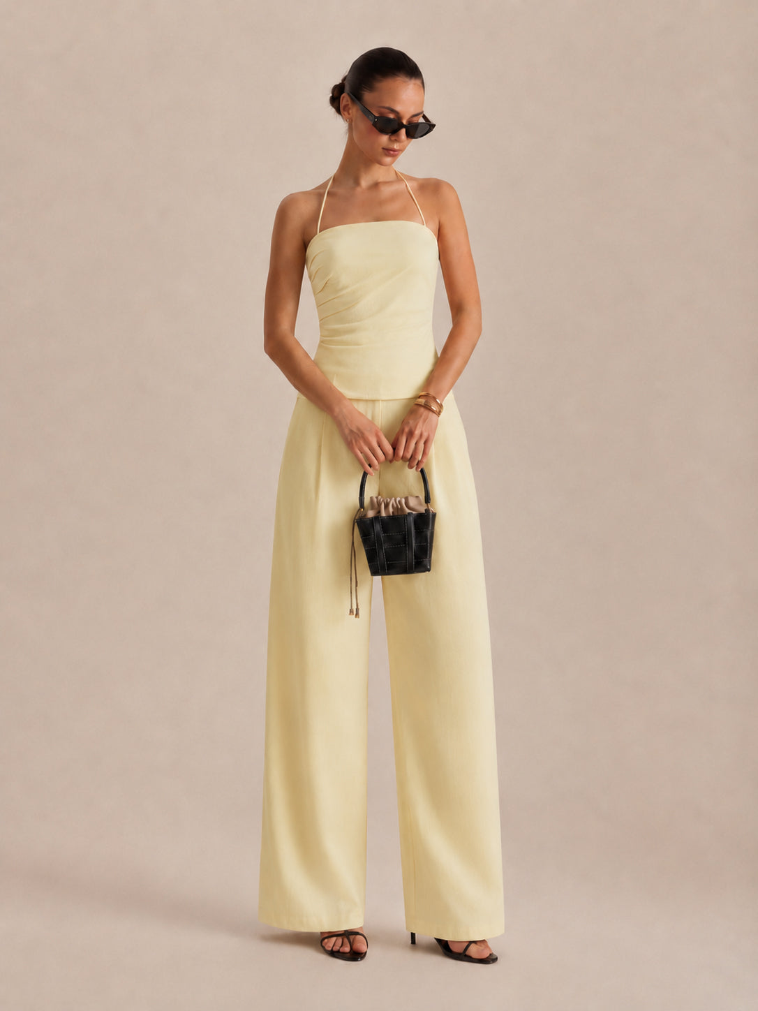 Ruched Halter Top & Wide Leg Pants Set, Elegant Evening Wear Ensemble