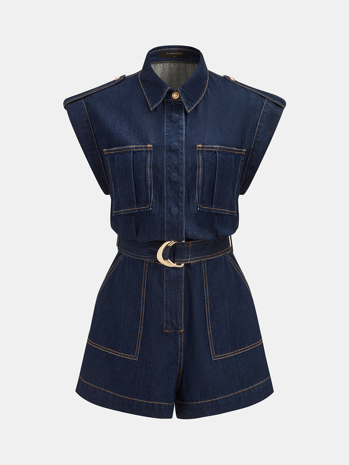 Belted Epaulet Denim Sleeveless Romper with Front Pockets for Women