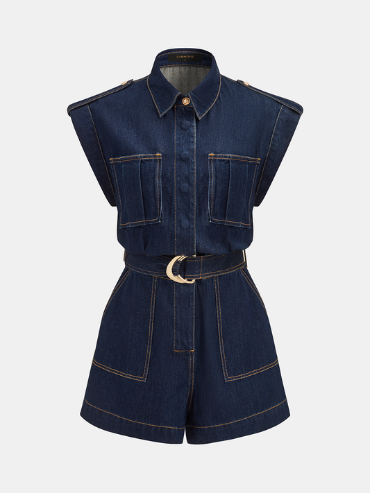 Belted Epaulet Denim Sleeveless Romper with Front Pockets for Women