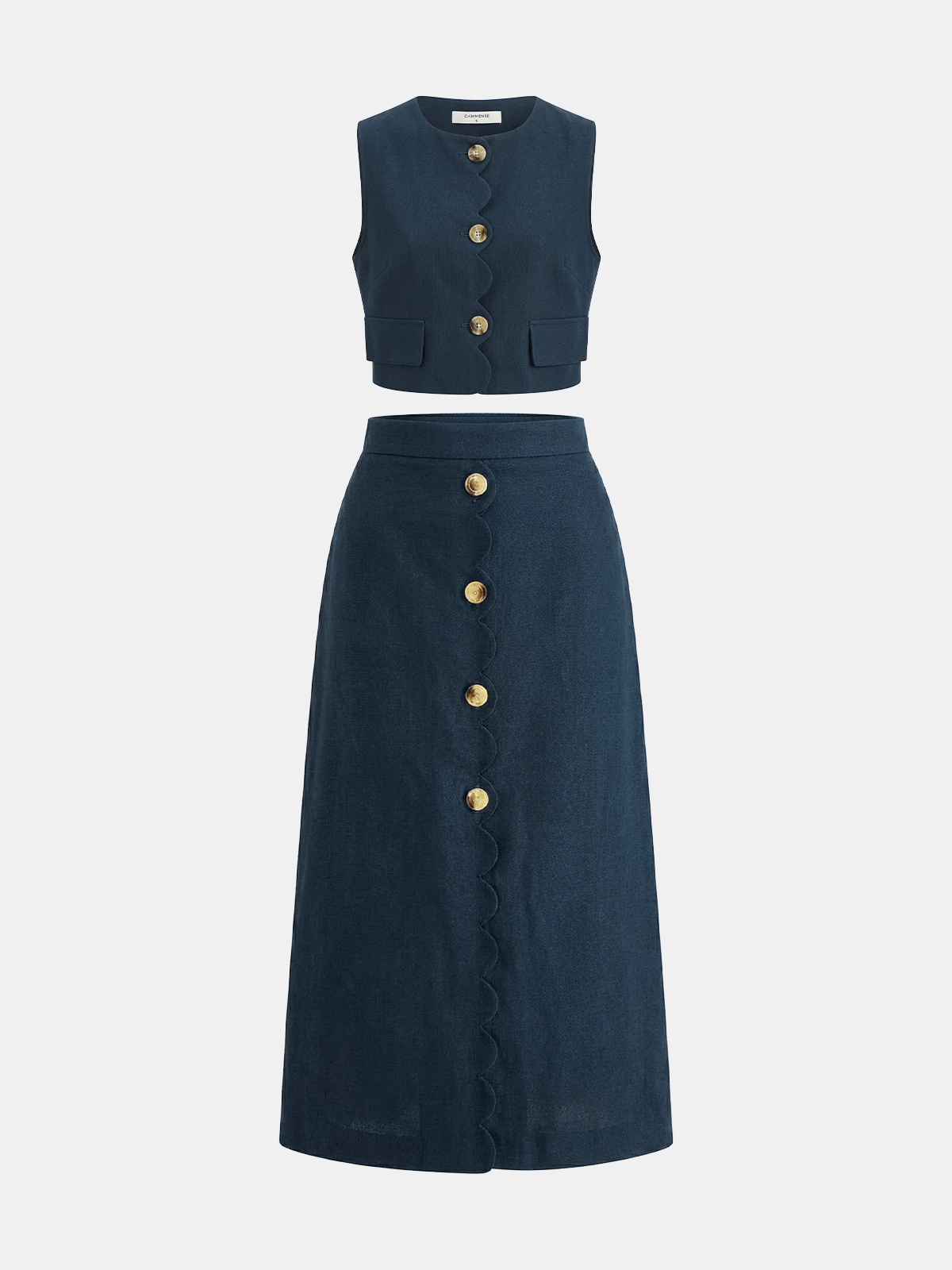 Cotton Linen Scallop Trim Vest & Skirt Set for Women Casual Summer