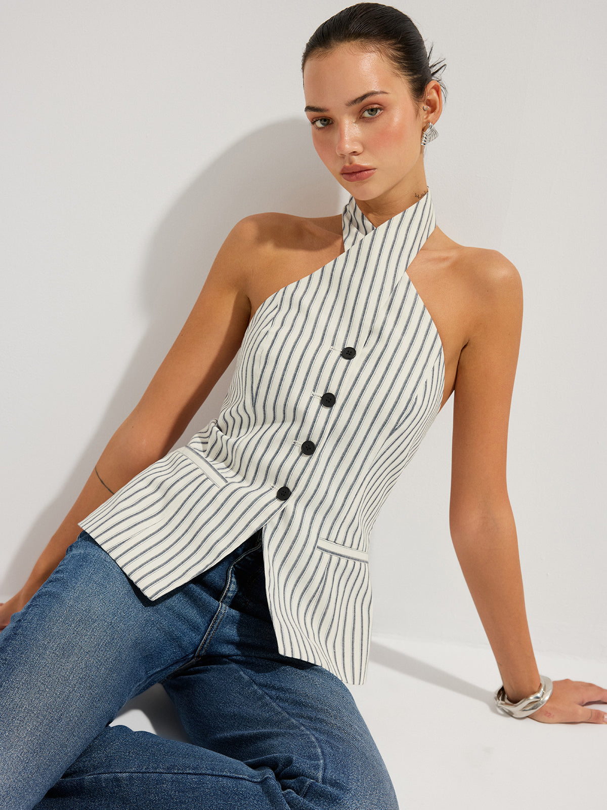 Striped Cotton Buttoned Halter Vest for Summer Casual Wear
