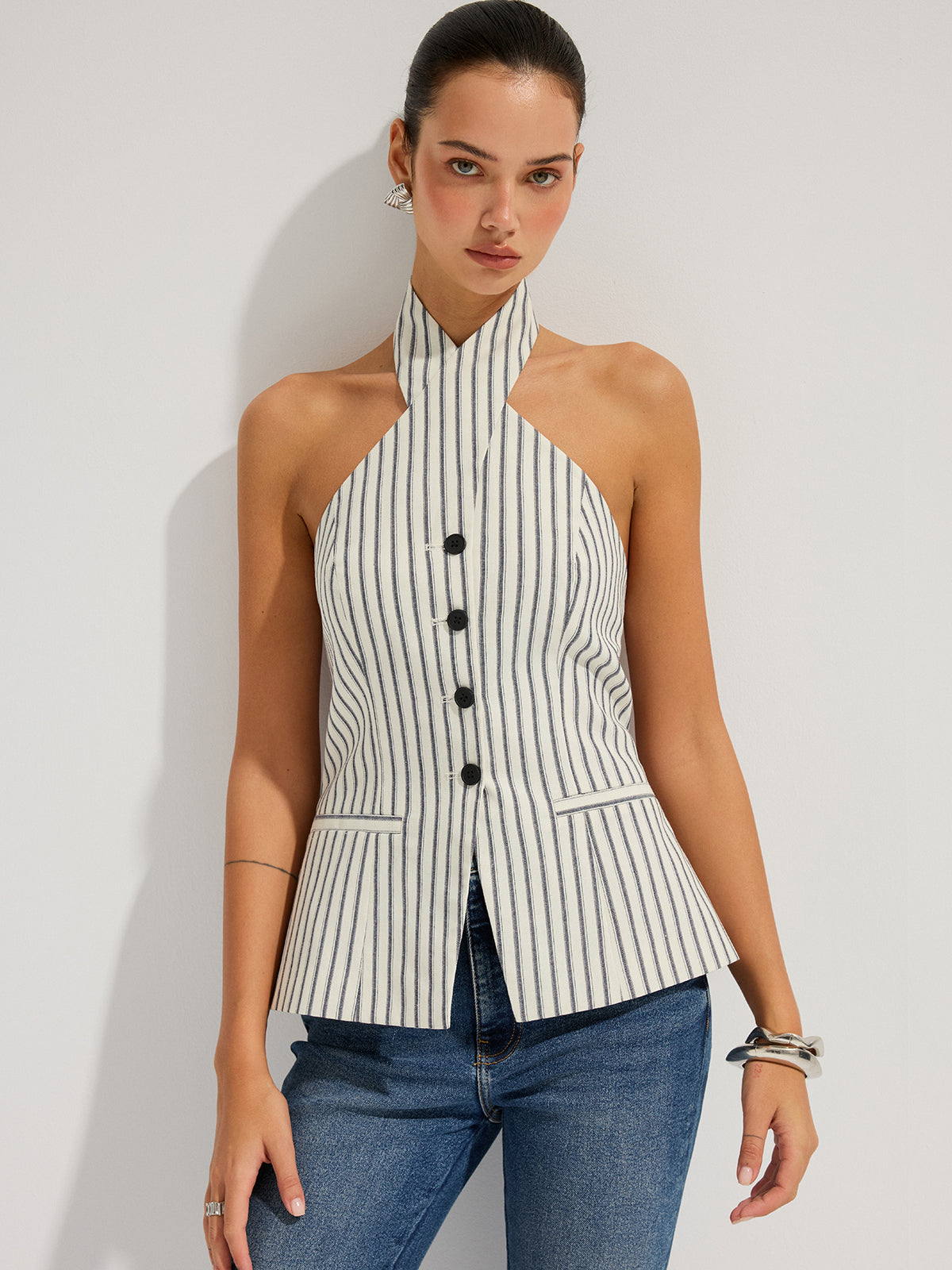 Striped Cotton Buttoned Halter Vest for Summer Casual Wear