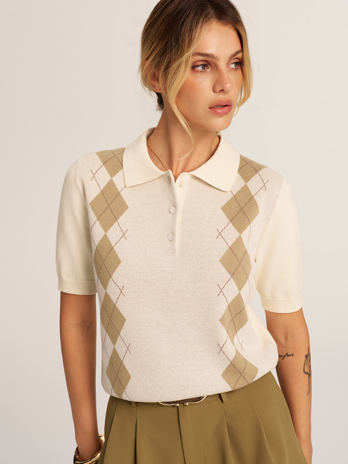 Argyle Short Sleeve Knitted Polo Sweater for Men Casual Fashion