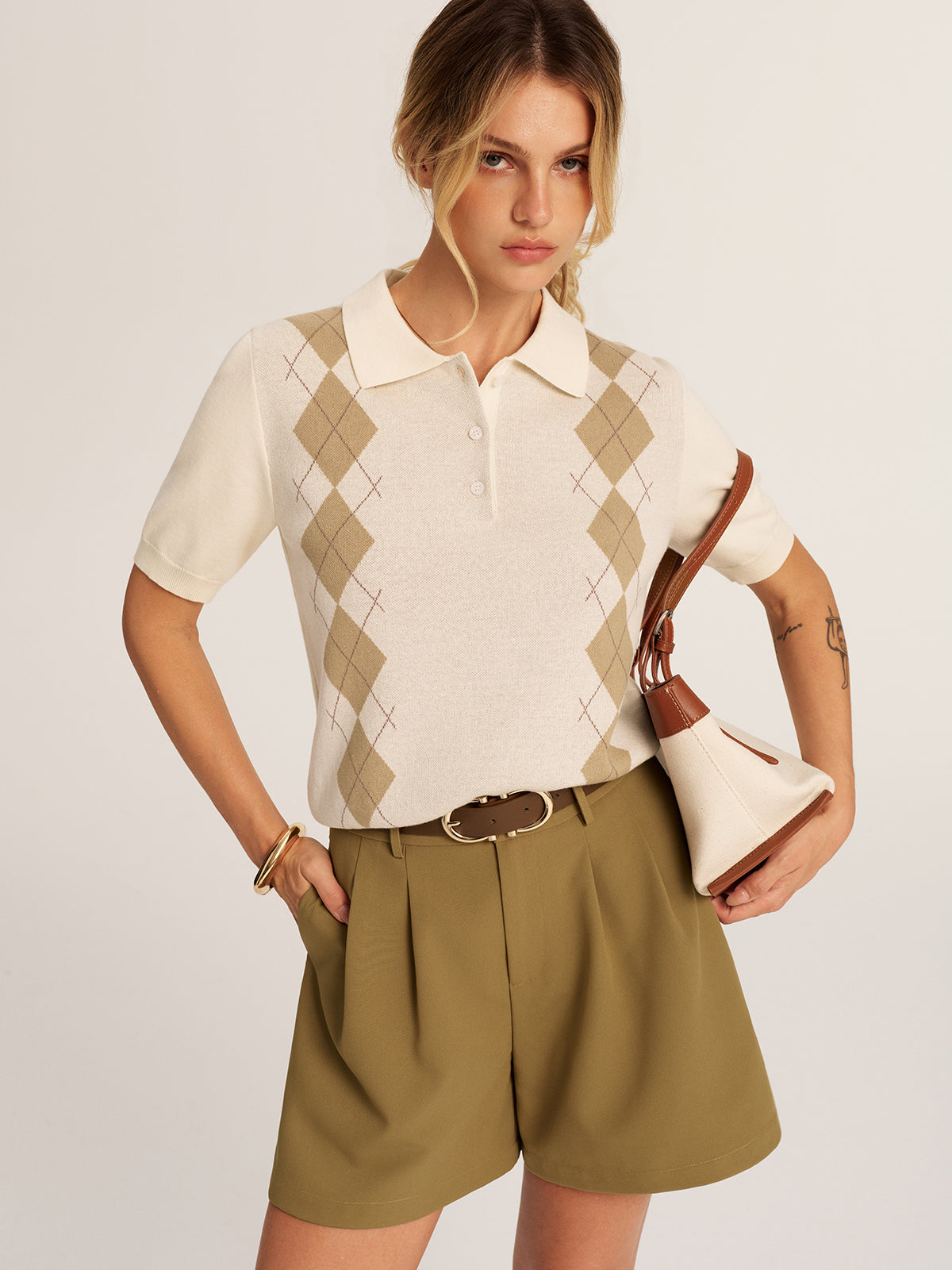 Argyle Short Sleeve Knitted Polo Sweater for Men Casual Fashion