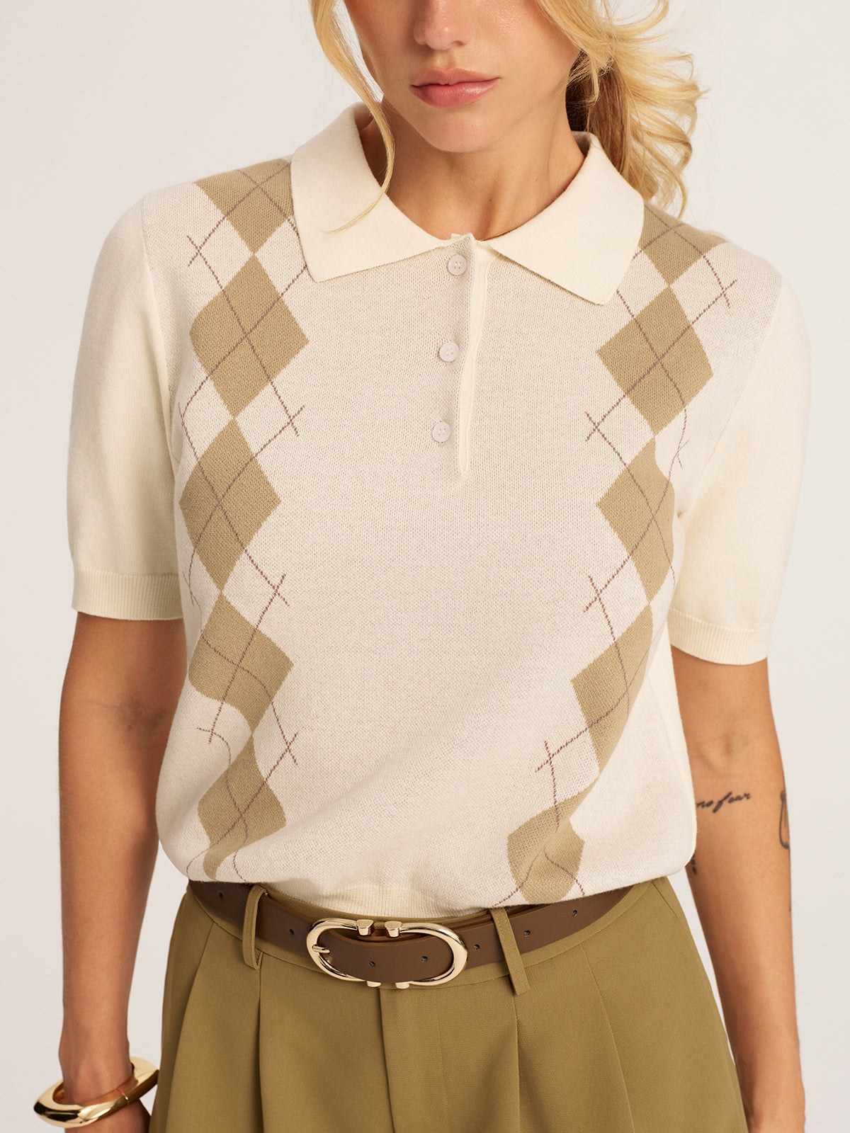 Argyle Short Sleeve Knitted Polo Sweater for Men Casual Fashion