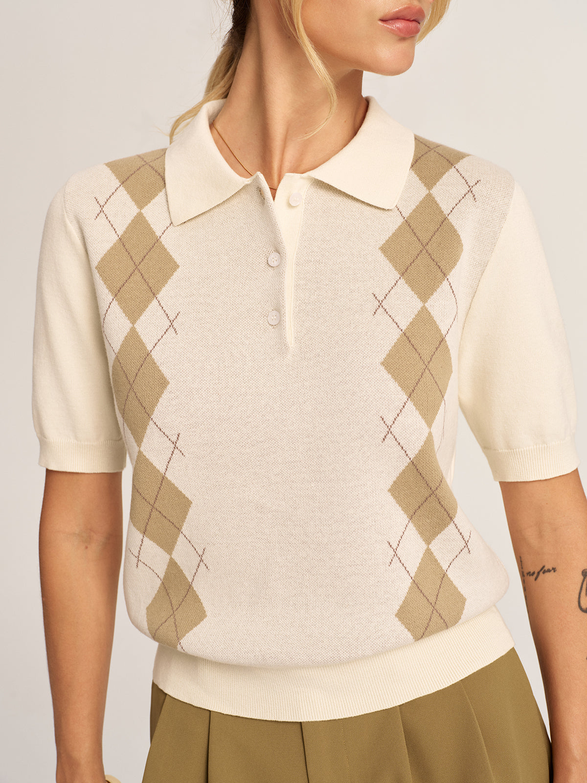 Argyle Short Sleeve Knitted Polo Sweater for Men Casual Fashion