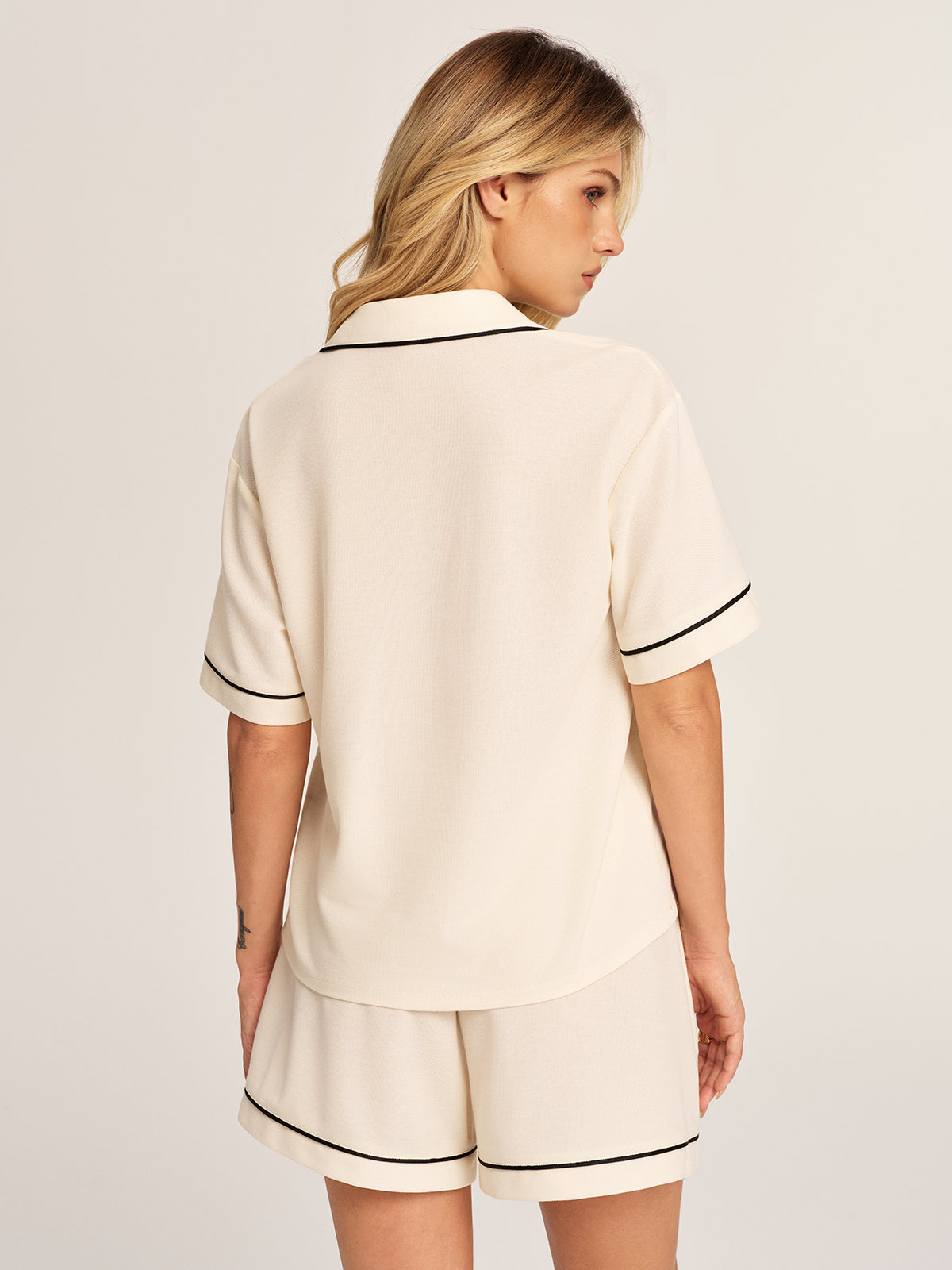 Contrast Trim Polo Top & Drawstring Shorts Set for Casual Wear