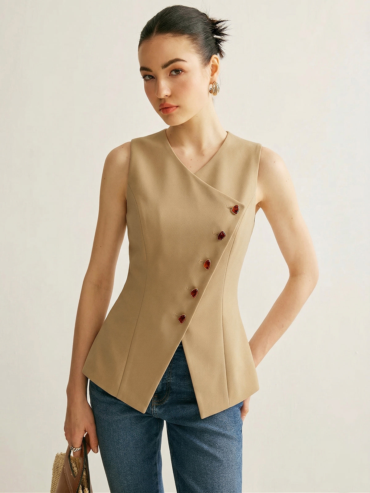 Slim Fit Amber Button Asymmetrical Vest for Women Contemporary Style