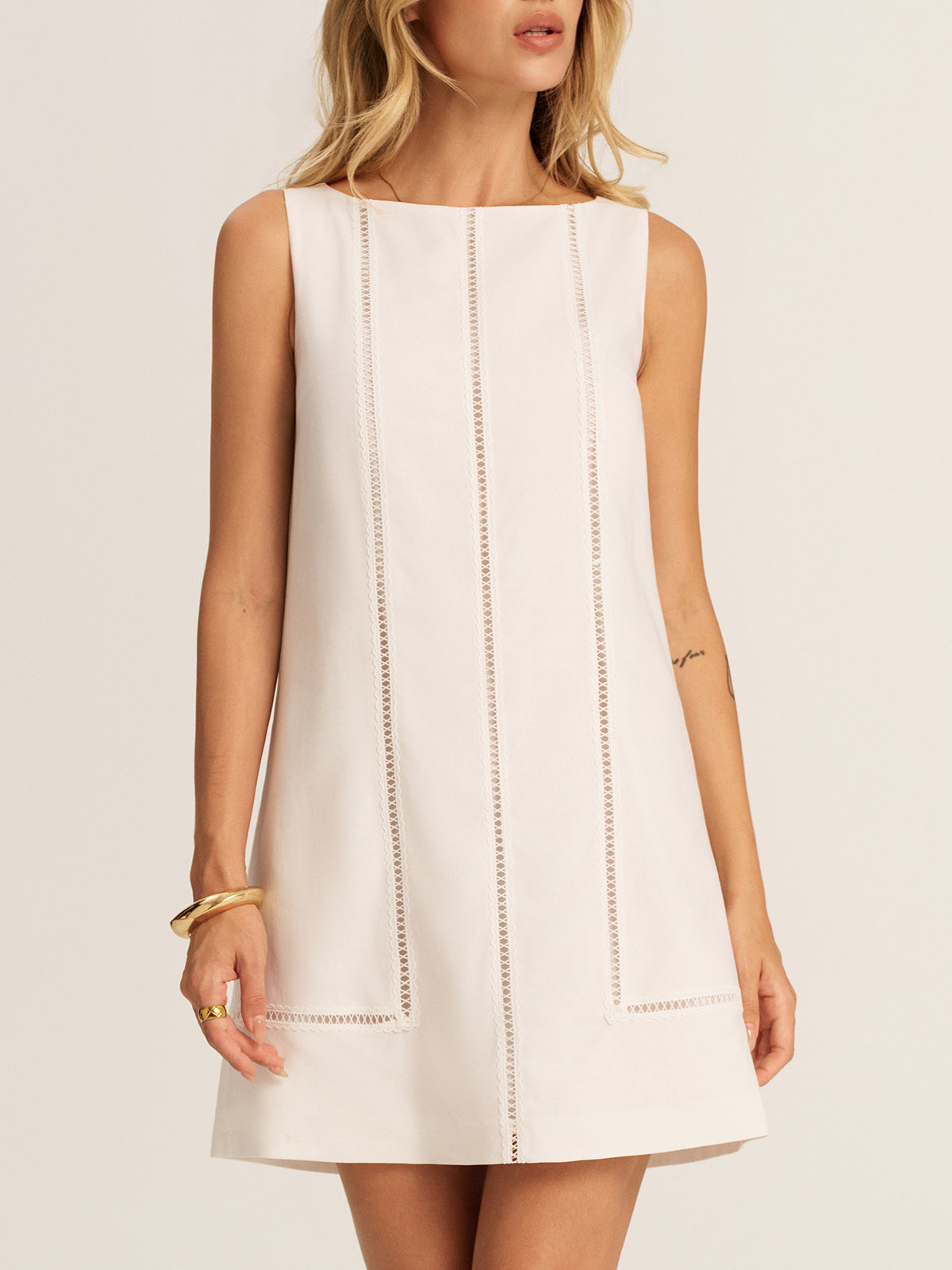 Lace Inset Sleeveless Cotton Linen Shift Dress for Summer Weddings and Casual Outings