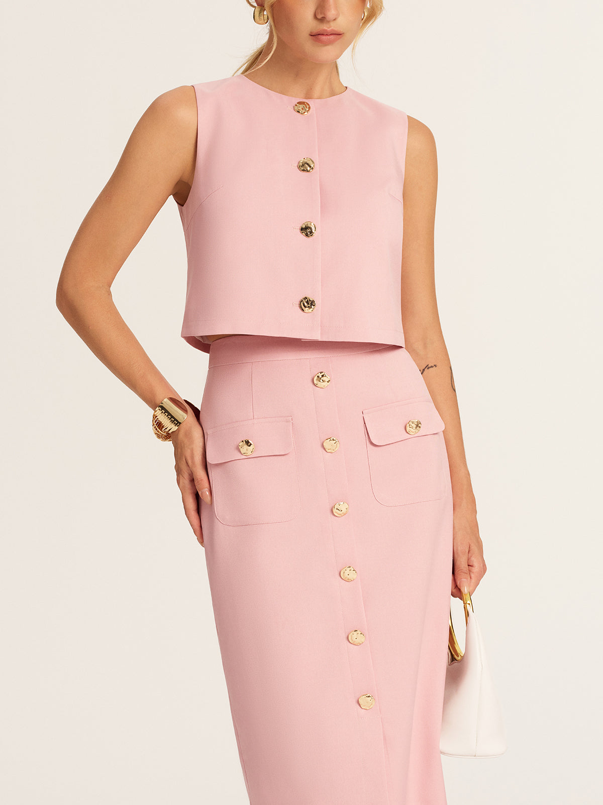Metal Button Cropped Vest & Midi Skirt Set with High Waist Band