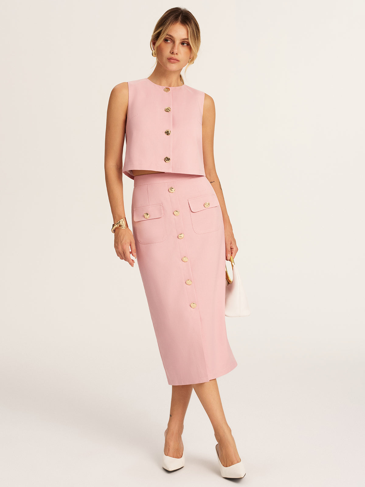 Metal Button Cropped Vest & Midi Skirt Set with High Waist Band
