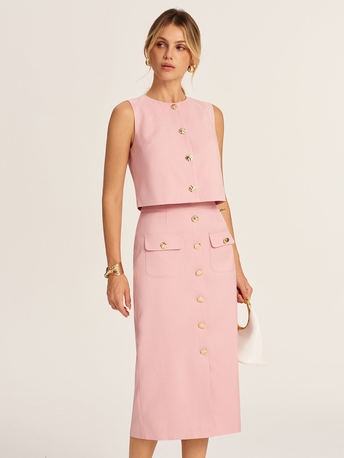 Metal Button Cropped Vest & Midi Skirt Set with High Waist Band