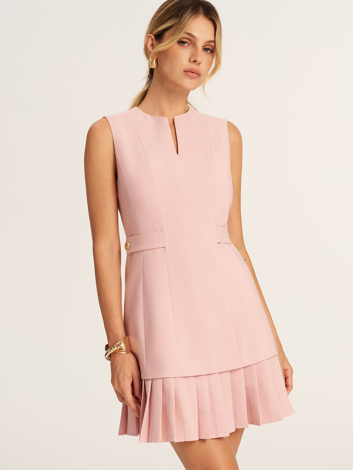 Pleated Hem Notch Neck Tailored Mini Dress for Women, Elegant Workwear