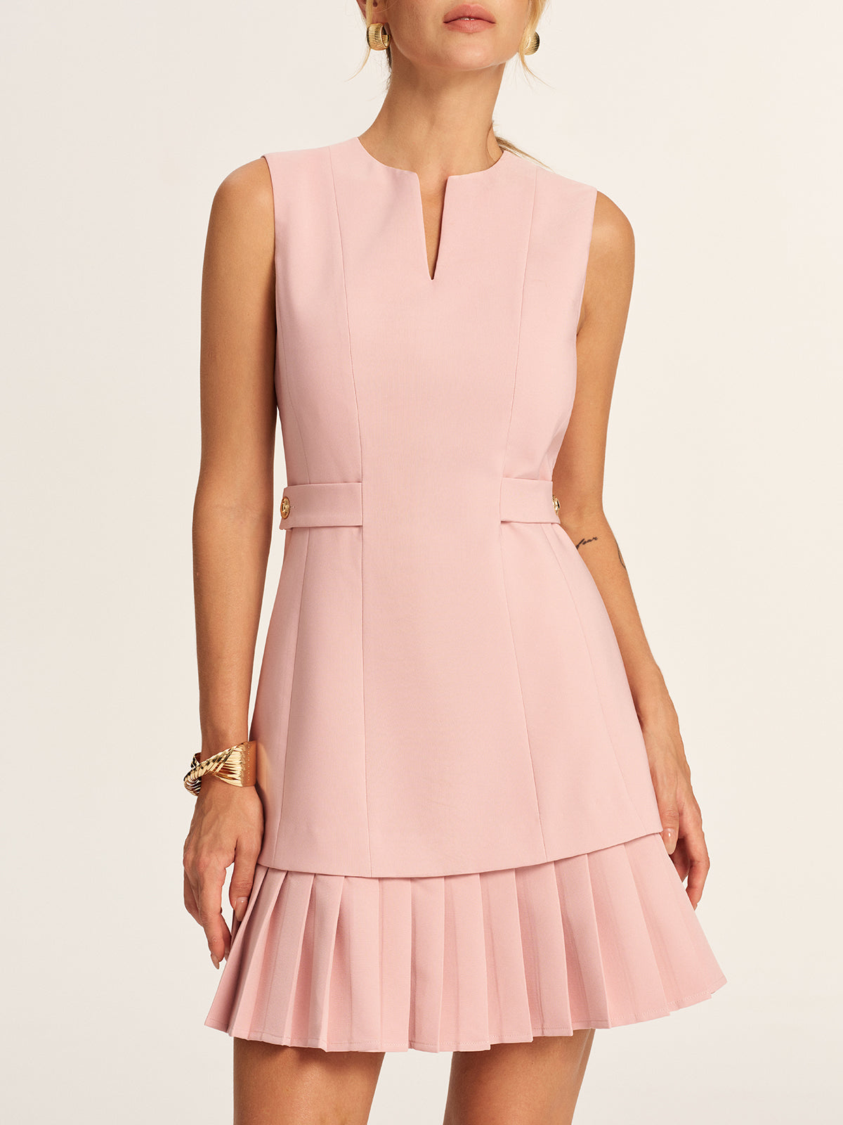 Pleated Hem Notch Neck Tailored Mini Dress for Women, Elegant Workwear