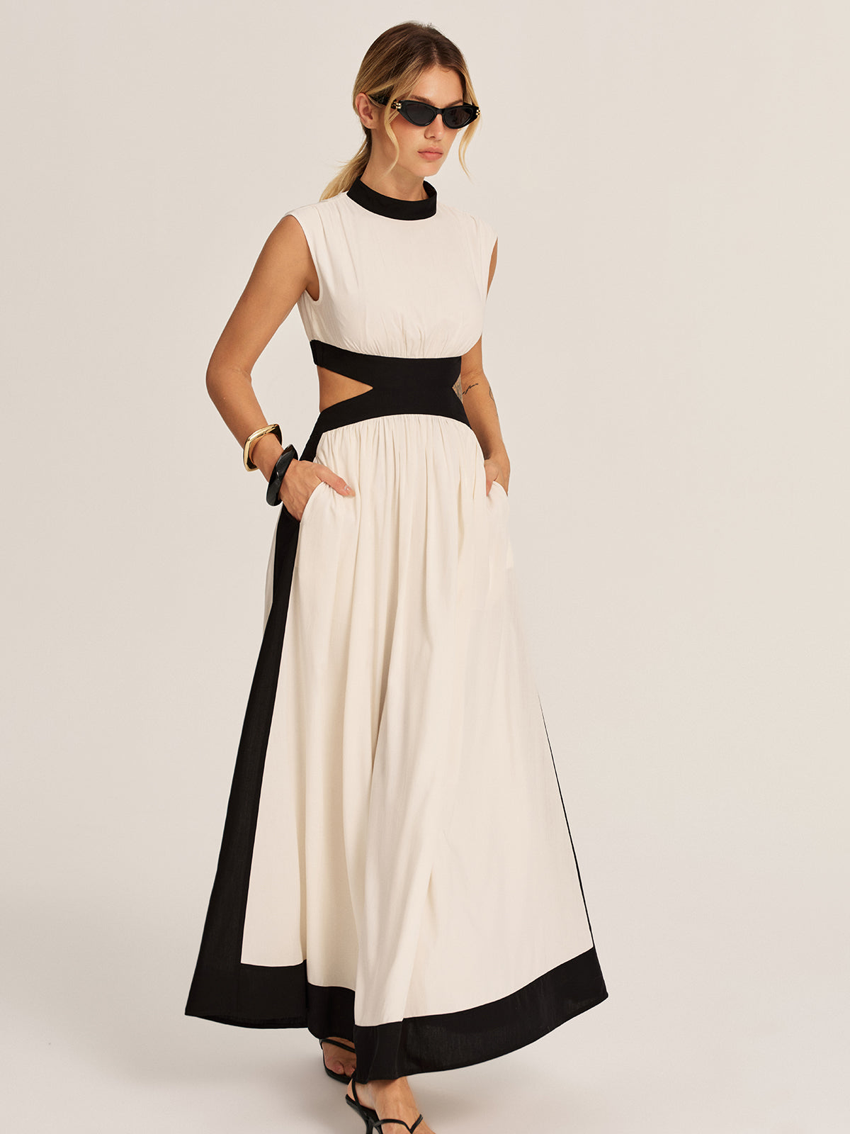 Color Block Cutout Pocketed Maxi Dress with Side Slits and Belt