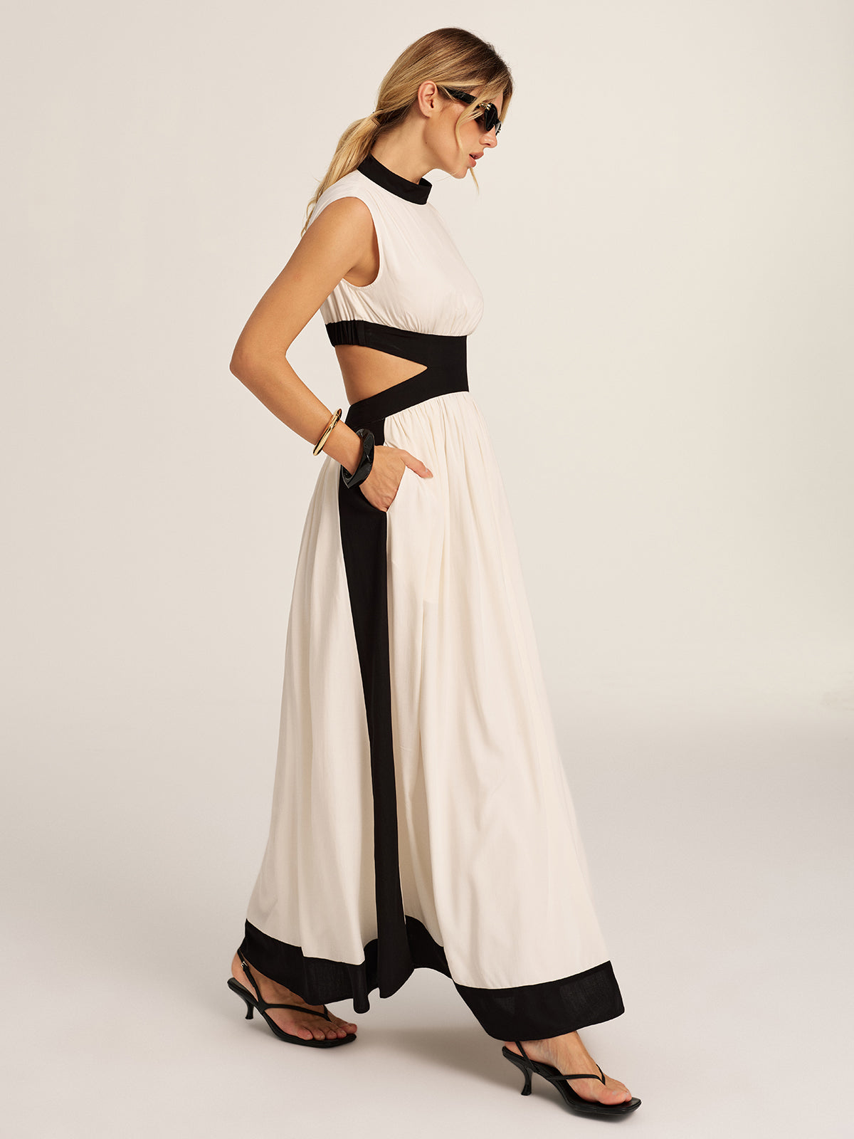Color Block Cutout Pocketed Maxi Dress with Side Slits and Belt