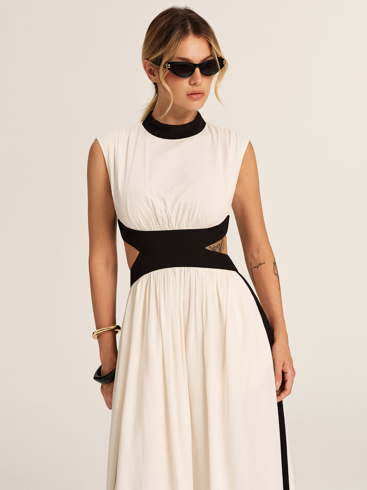 Color Block Cutout Pocketed Maxi Dress with Side Slits and Belt