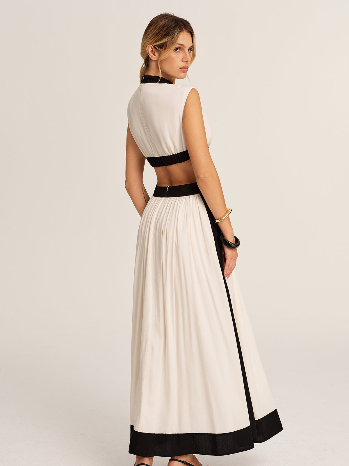 Color Block Cutout Pocketed Maxi Dress with Side Slits and Belt