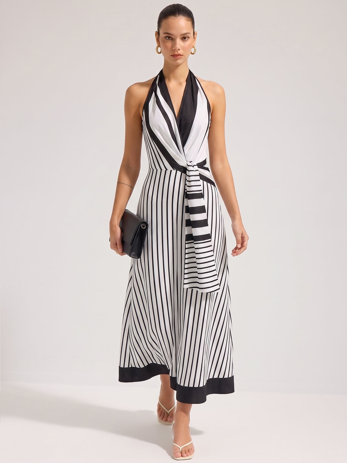 Striped Halter Wrap Maxi Dress with Tie Waist Detail
