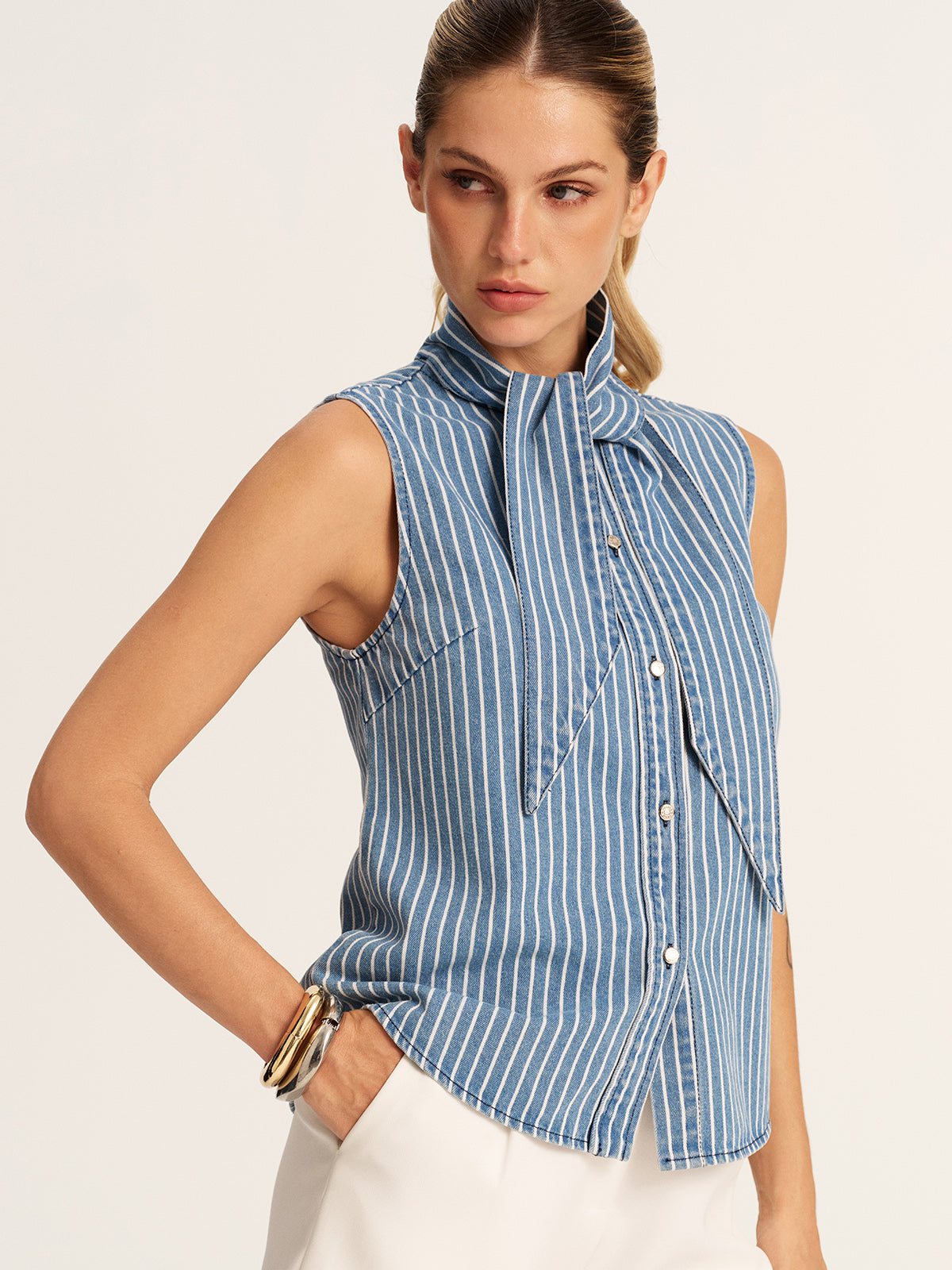 Striped Tie Neck Sleeveless Denim Blouse for Women Casual Summer