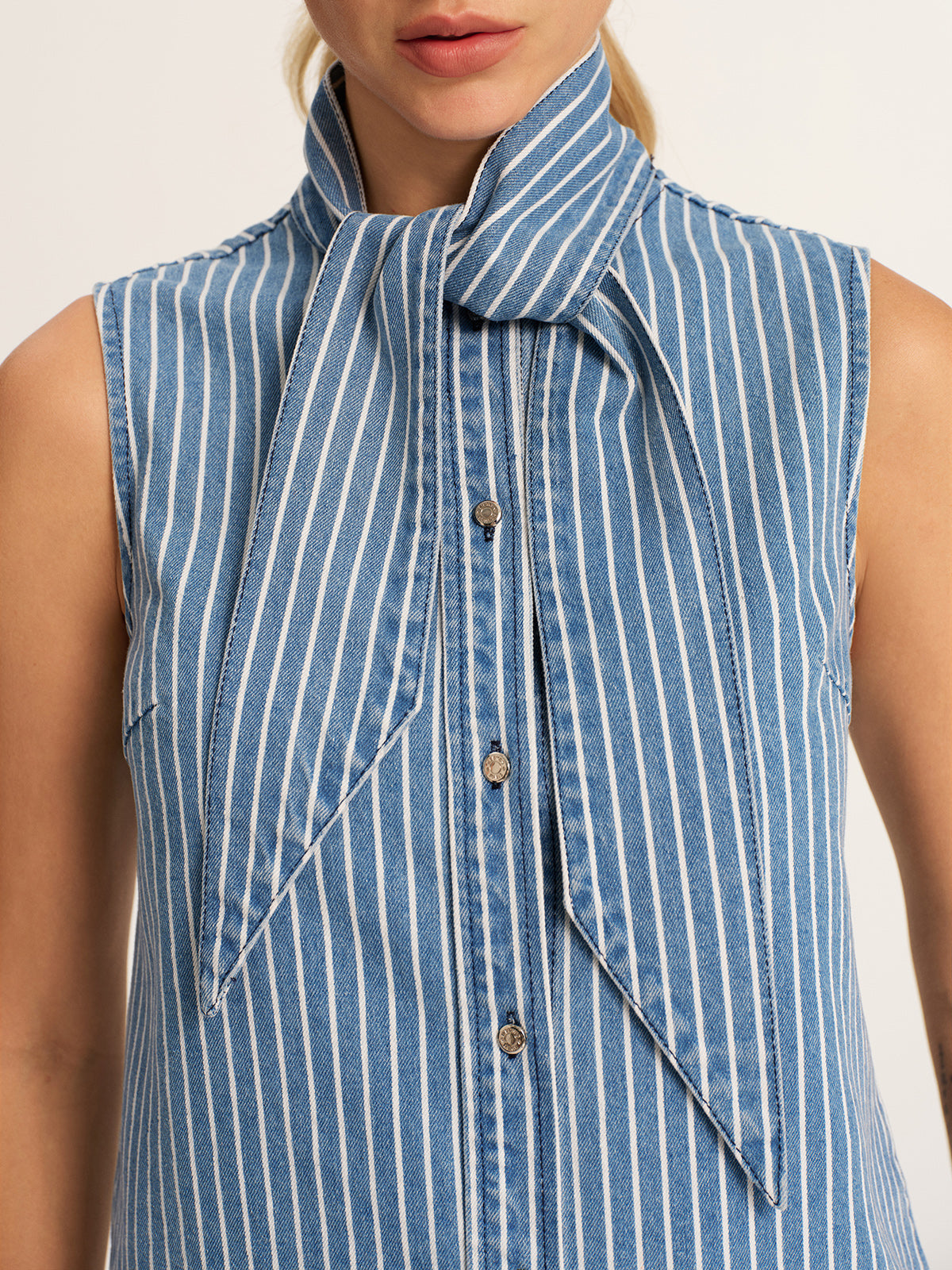 Striped Tie Neck Sleeveless Denim Blouse for Women Casual Summer