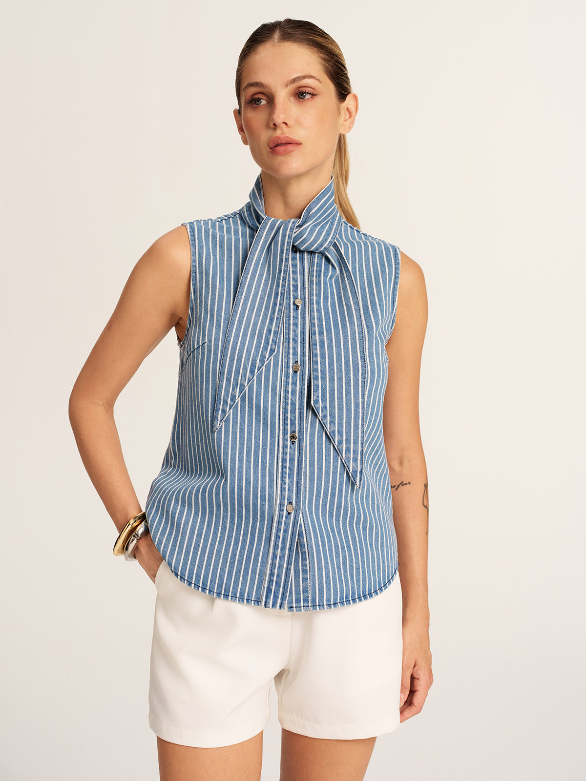 Striped Tie Neck Sleeveless Denim Blouse for Women Casual Summer