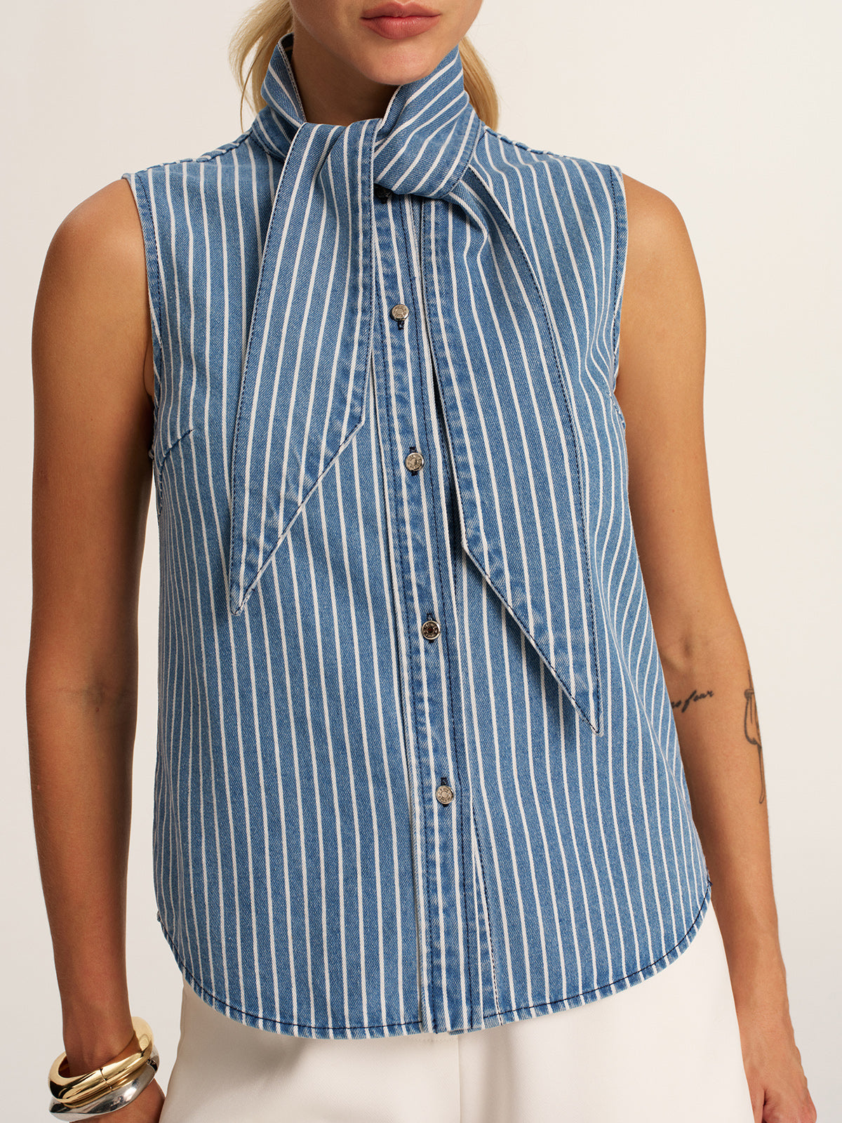 Striped Tie Neck Sleeveless Denim Blouse for Women Casual Summer