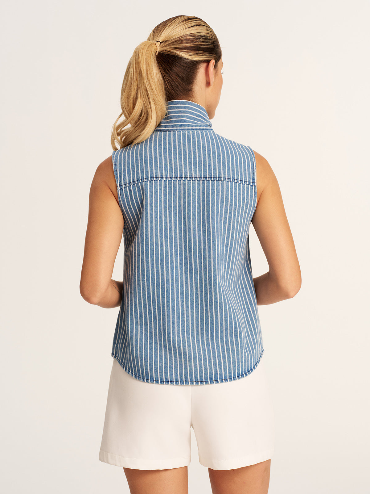 Striped Tie Neck Sleeveless Denim Blouse for Women Casual Summer