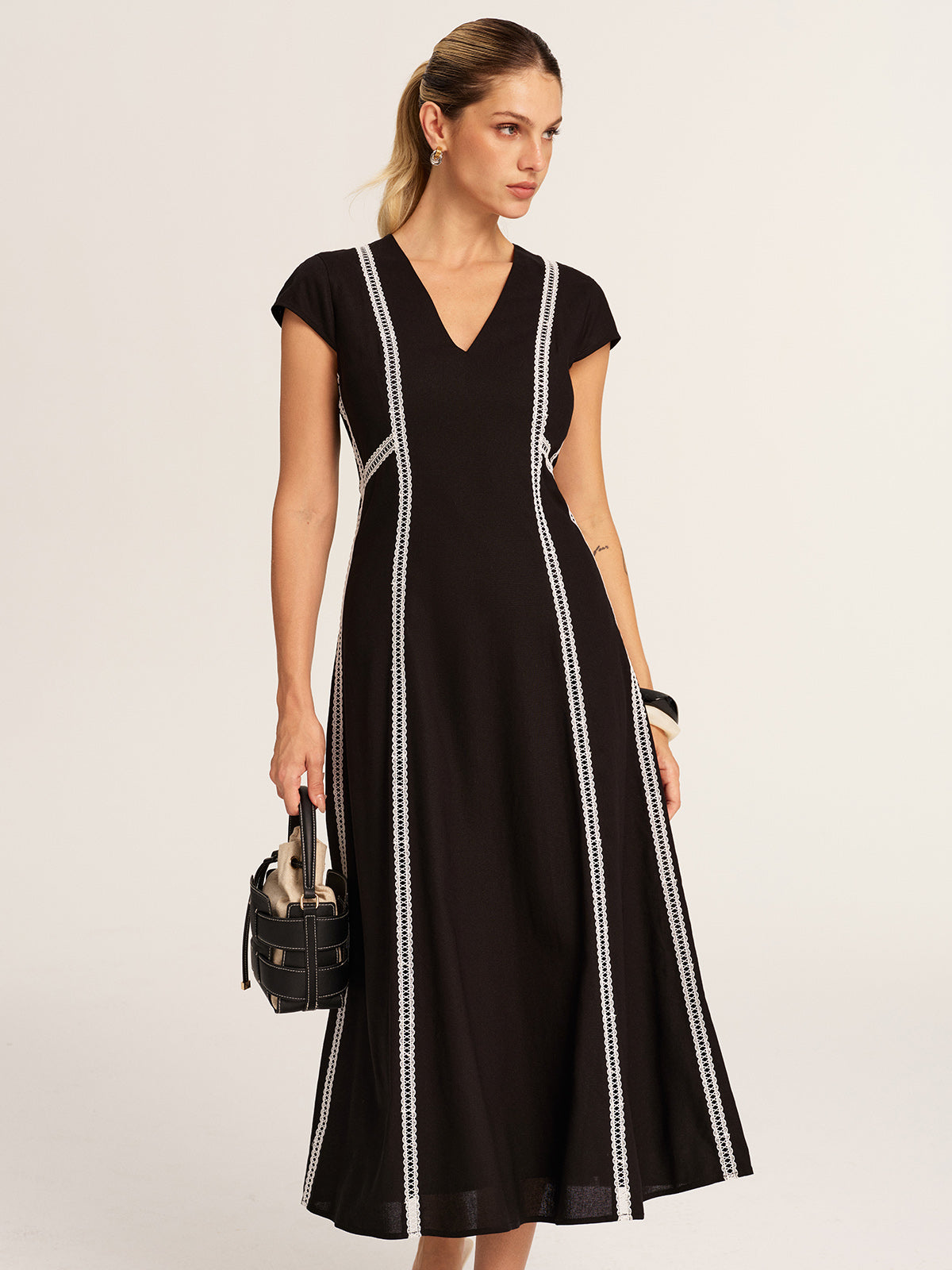 Lace Inset V-Neck Cotton Linen Midi Dress for Women Spring/Summer Collection