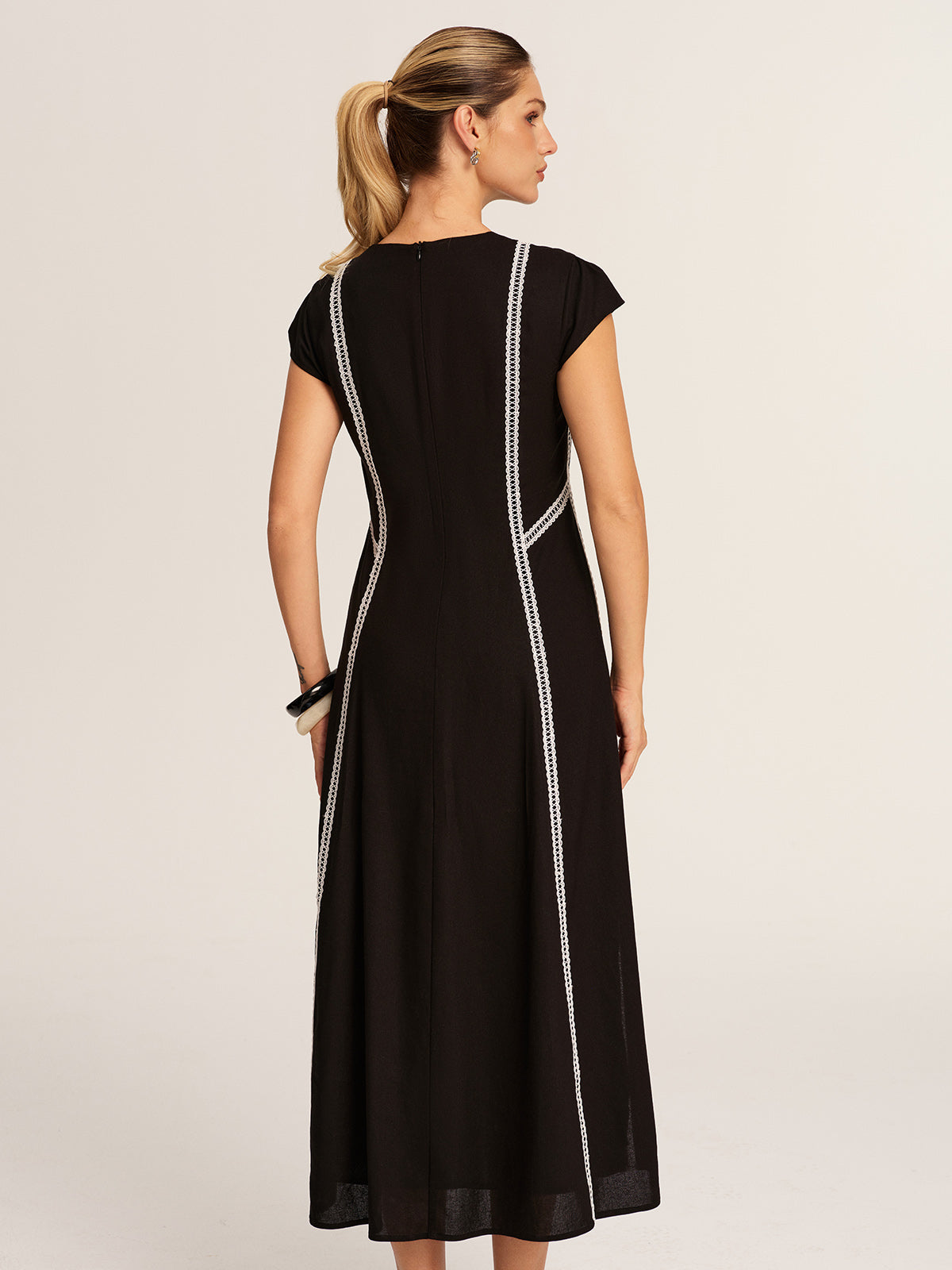 Lace Inset V-Neck Cotton Linen Midi Dress for Women Spring/Summer Collection