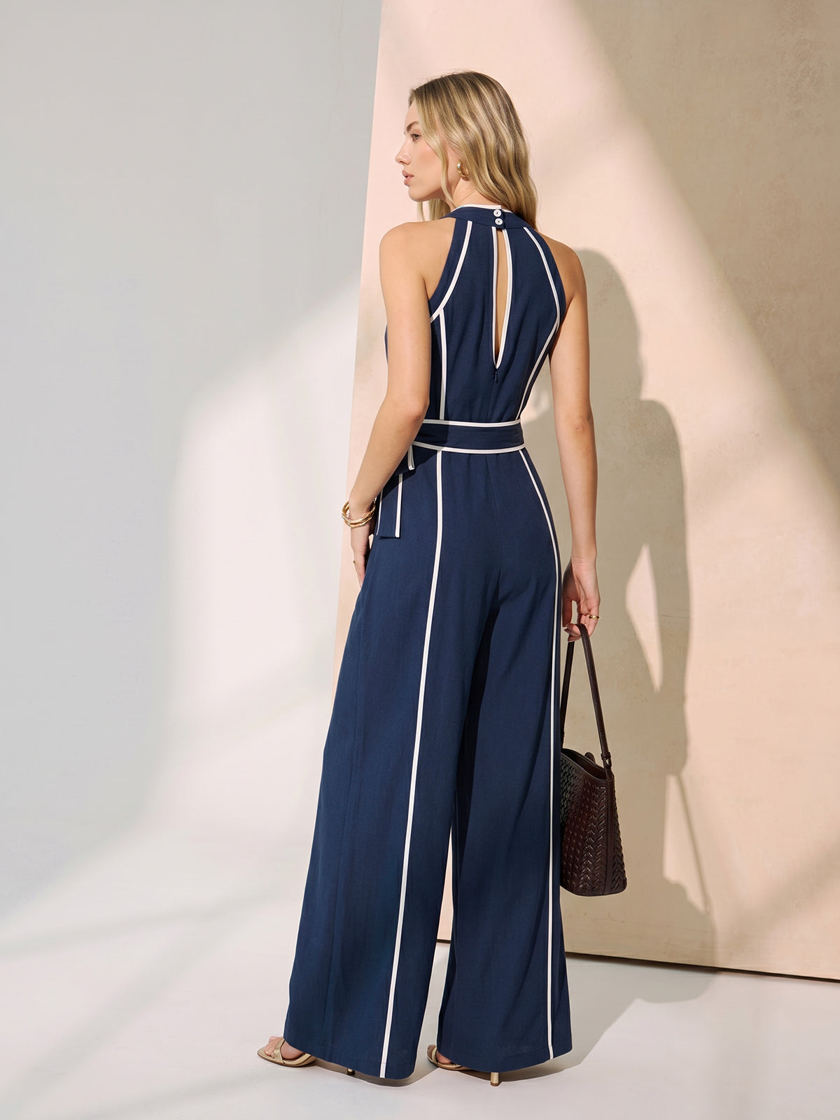 Contrast Trim Belted Cotton Linen Jumpsuit for Women Casual Spring Wear