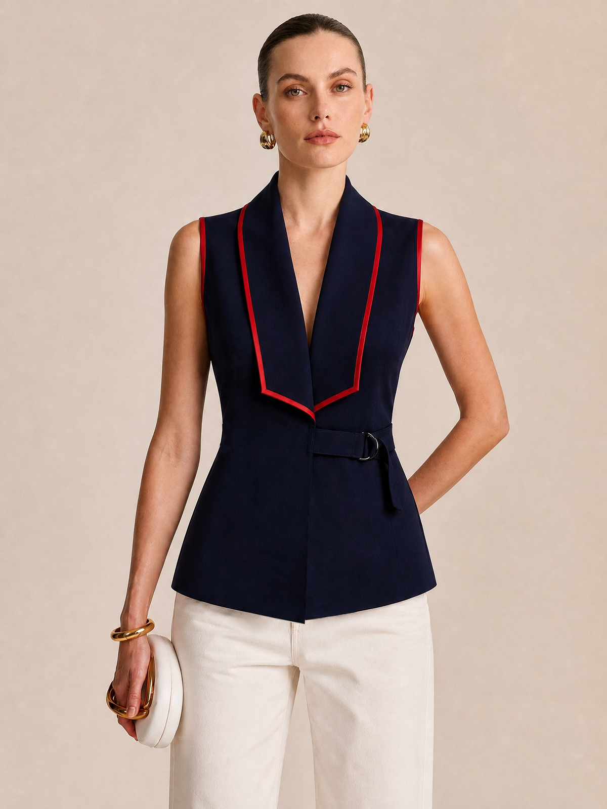 Buckle Detail Contrast Trim Knit Vest with Adjustable Strap Closure