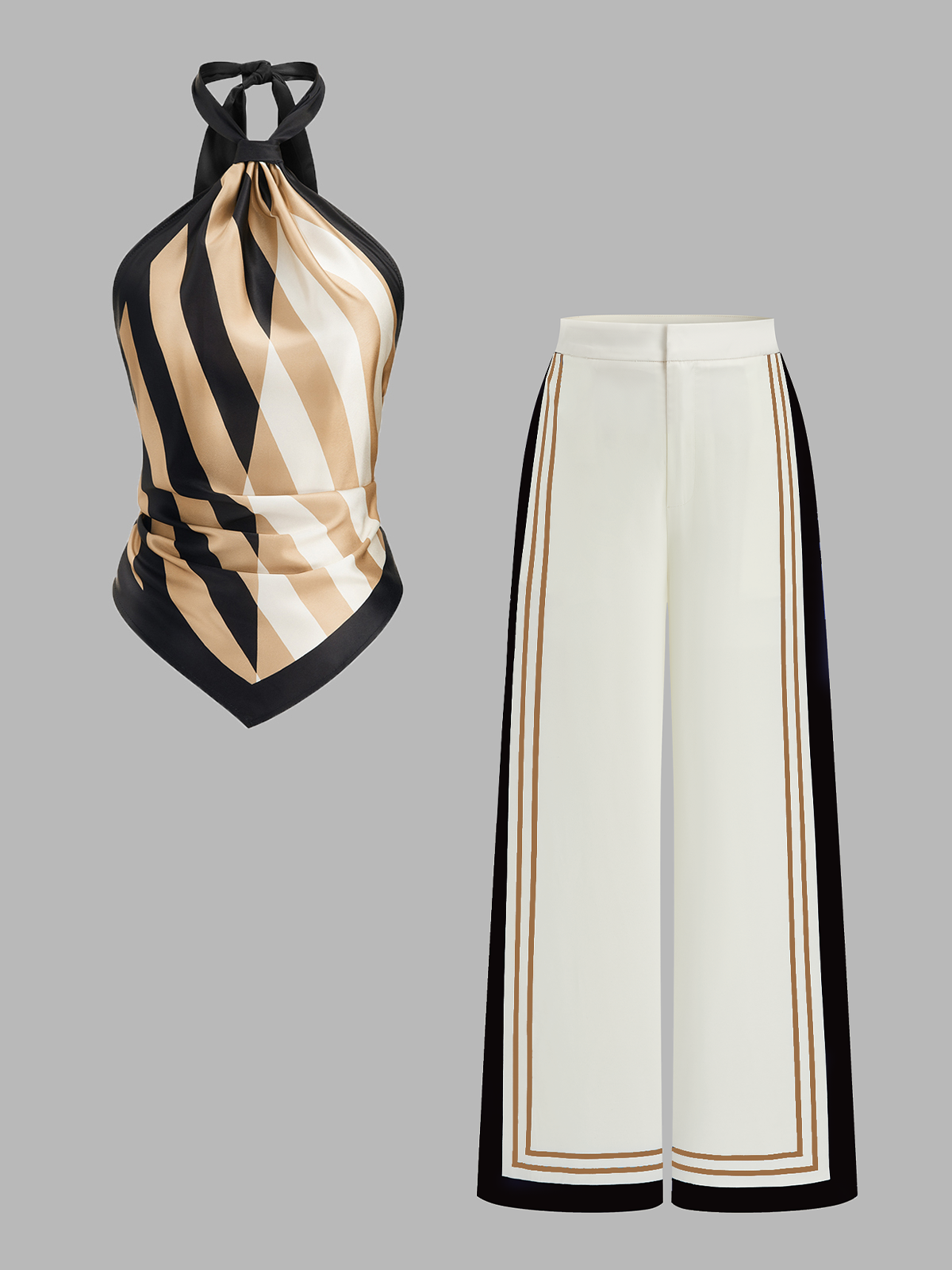 Striped Halter Top & Wide Leg Pants Set, Summer Casual Outfit Combo