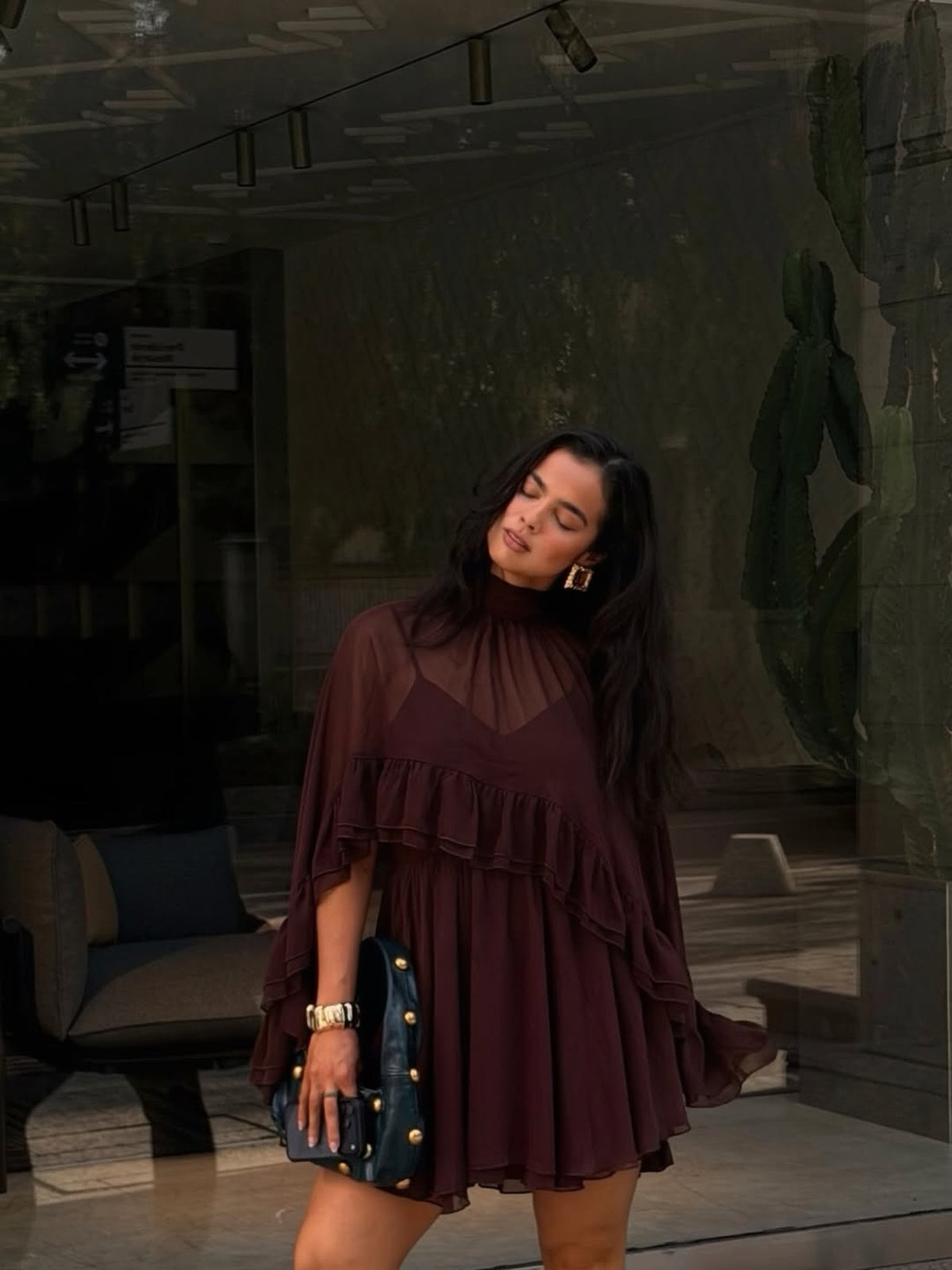 Semi-Sheer Chiffon Ruffle Dress With Flowing Outer Cape Elegant Layers