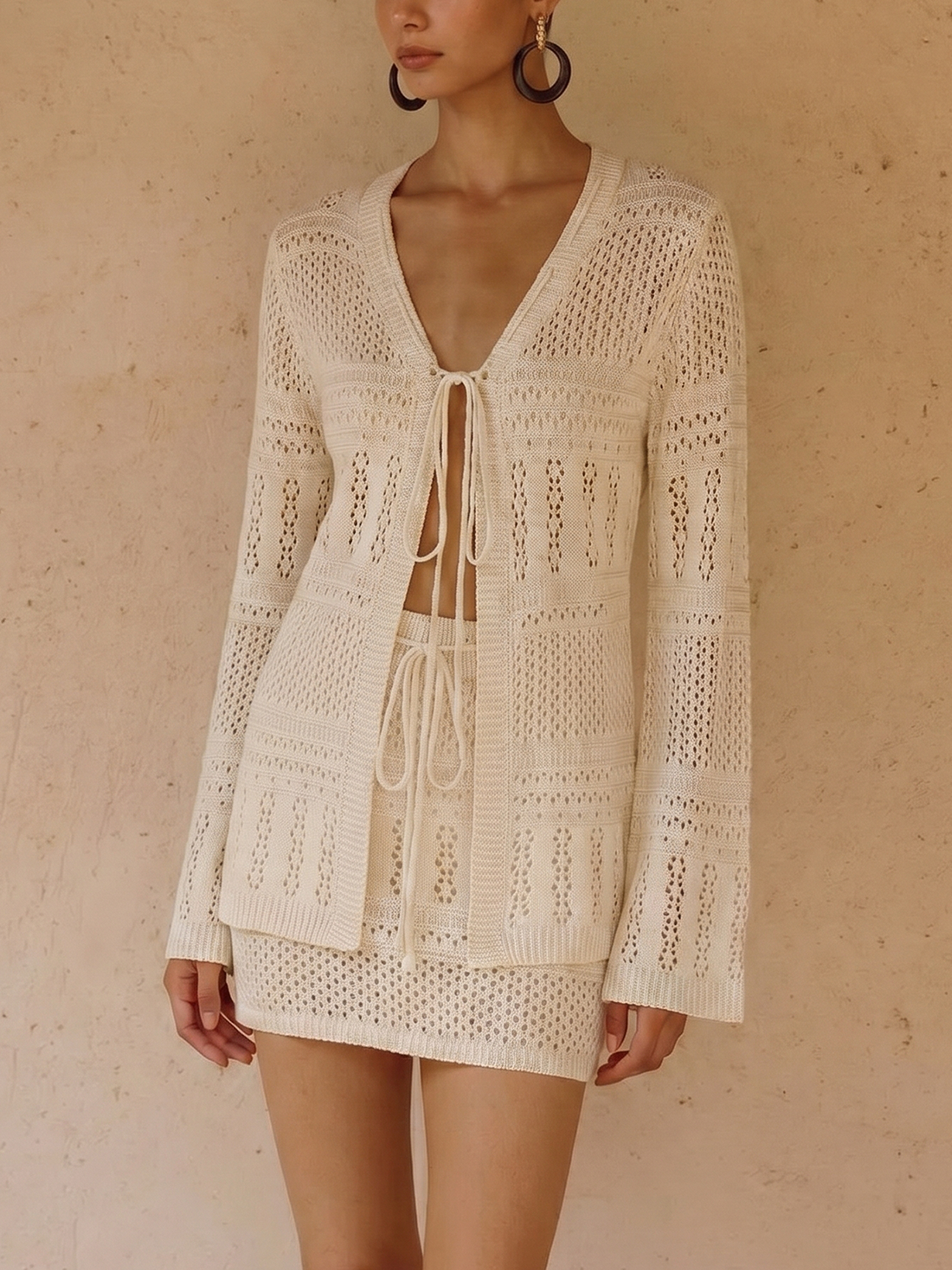 Crochet Knit Cardigan & Mini Skirt Set for Women, Casual Fall Outfit